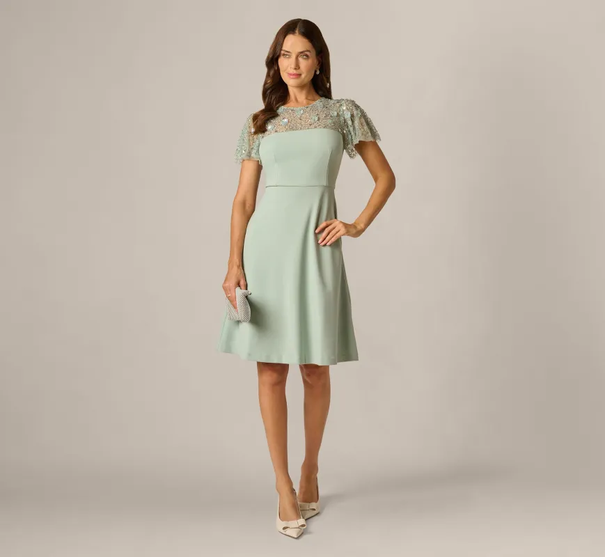 Flutter Sleeve Beaded Illusion Short Dress In Icy Sage sold by Adrianna Papell