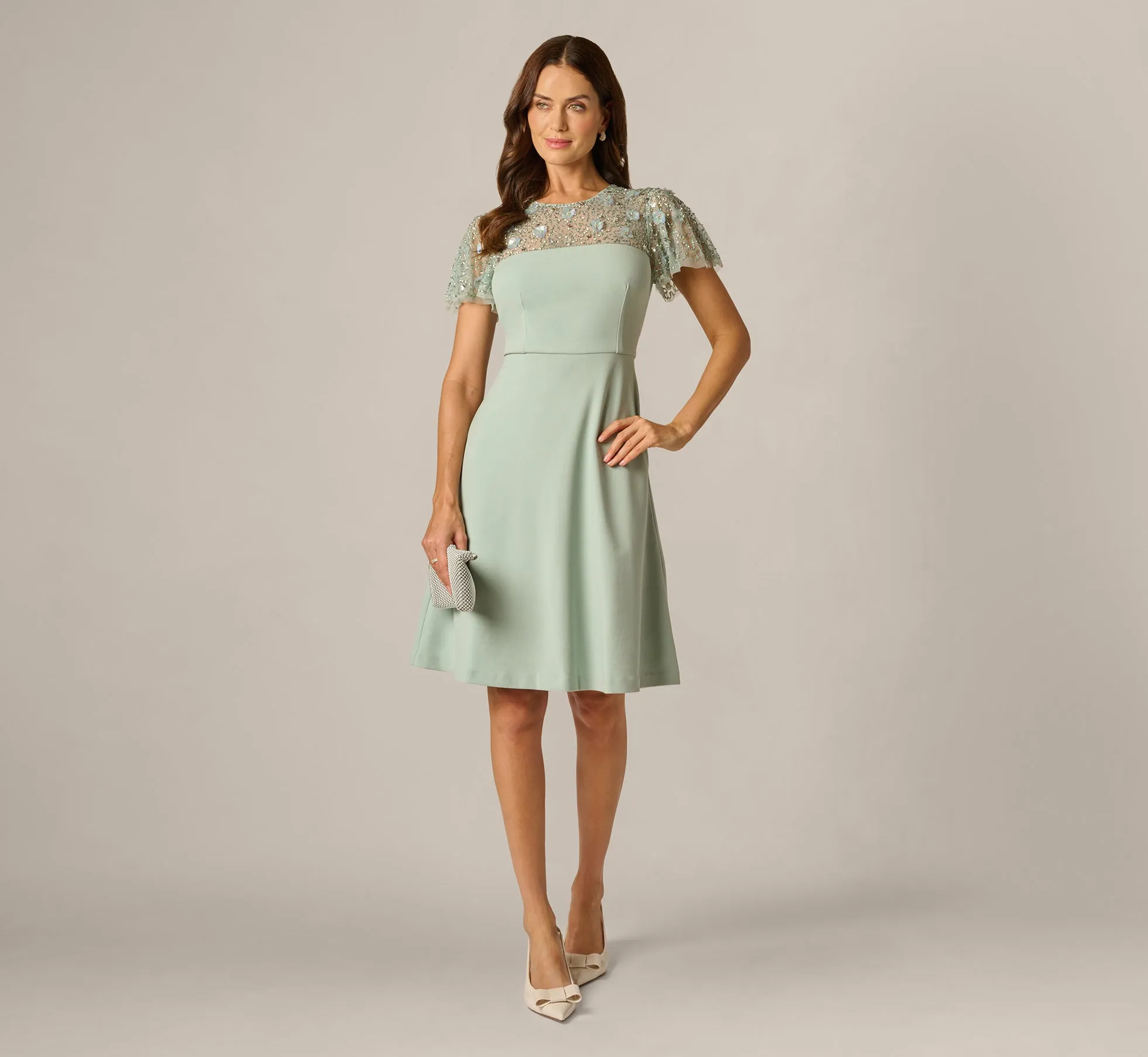 Flutter Sleeve Beaded Illusion Short Dress In Icy Sage sold by Adrianna Papell