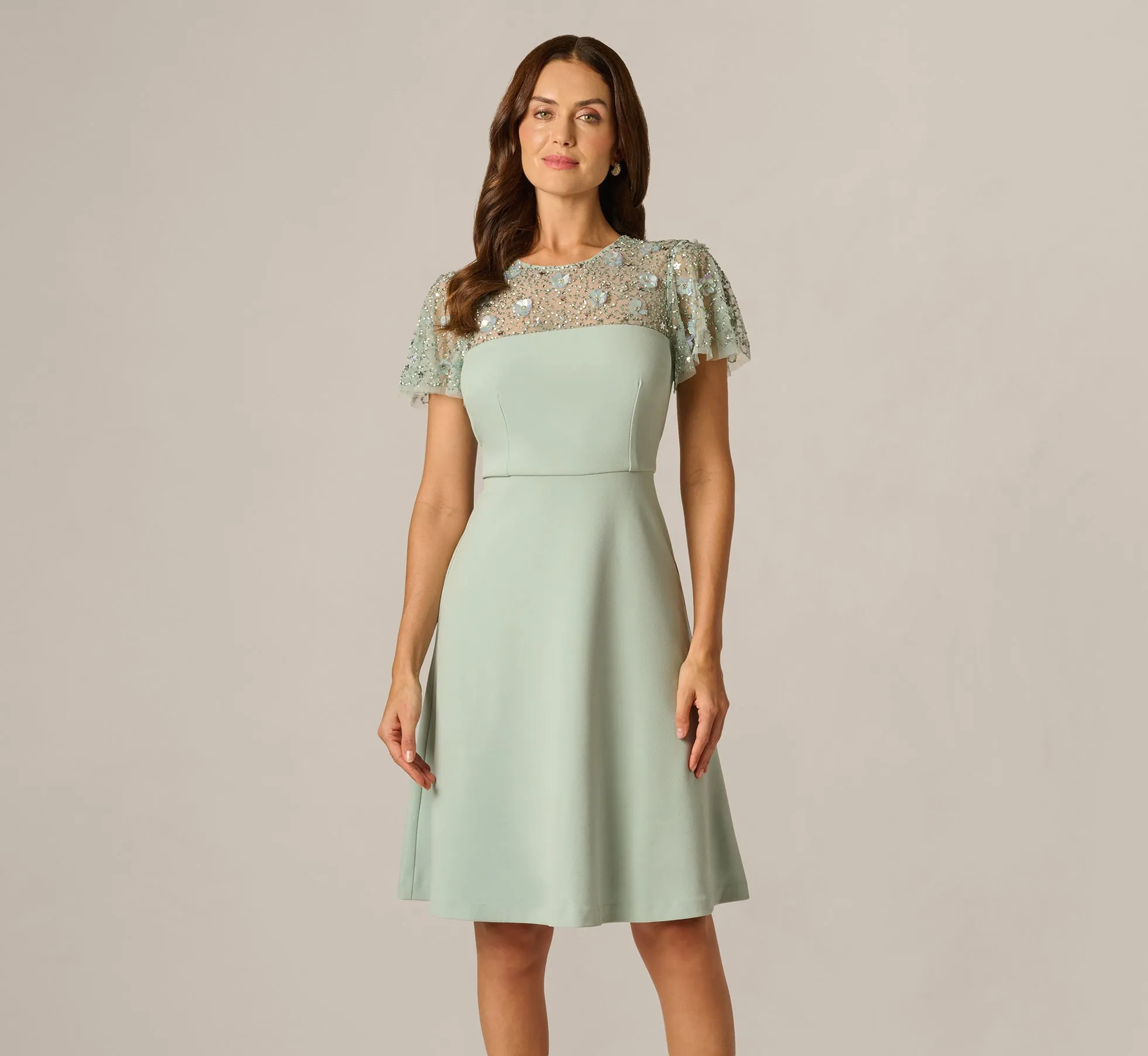 Flutter Sleeve Beaded Illusion Short Dress In Icy Sage sold by Adrianna Papell product image thumbnail 2