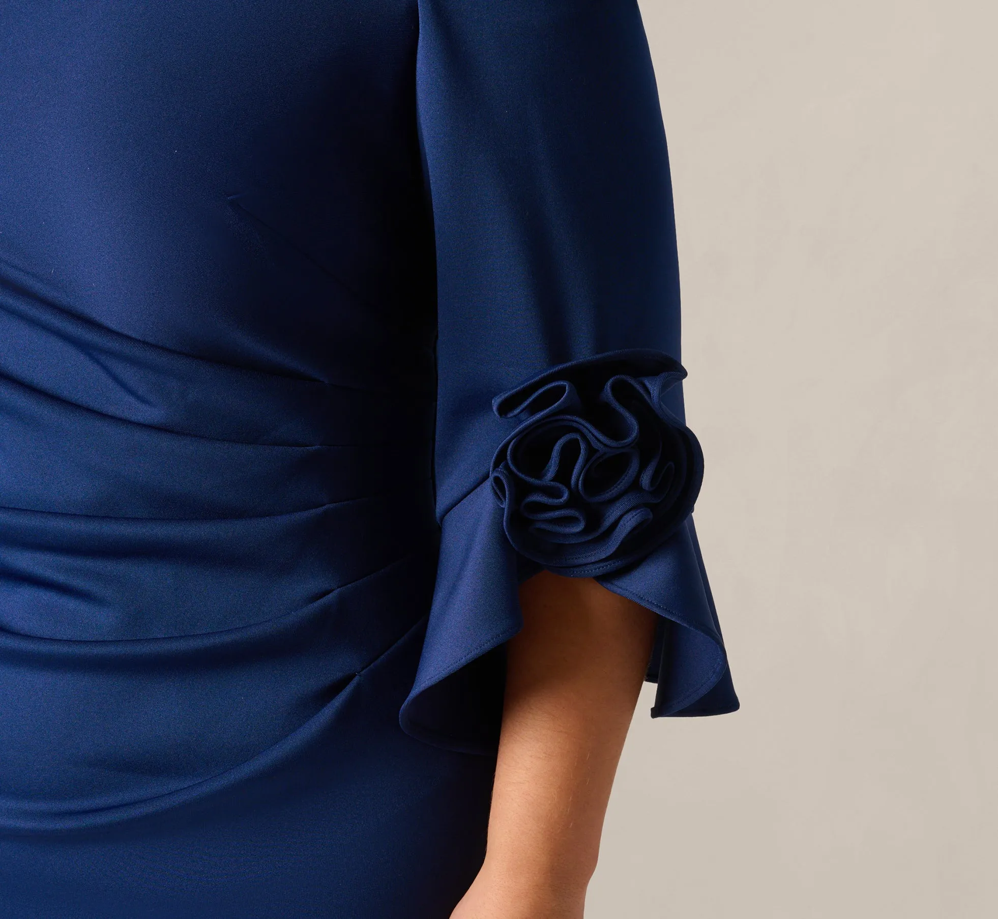 Plus Size Off Shoulder Bell Sleeve Rosette Gown In Navy Sateen sold by Adrianna Papell product image thumbnail 4