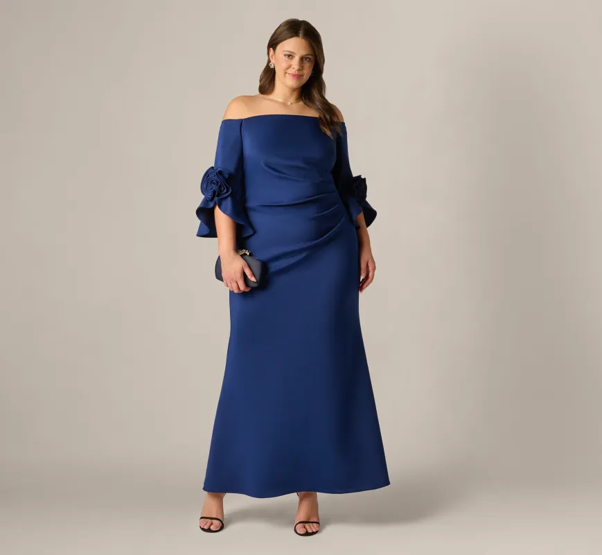 Plus Size Off Shoulder Bell Sleeve Rosette Gown In Navy Sateen sold by Adrianna Papell