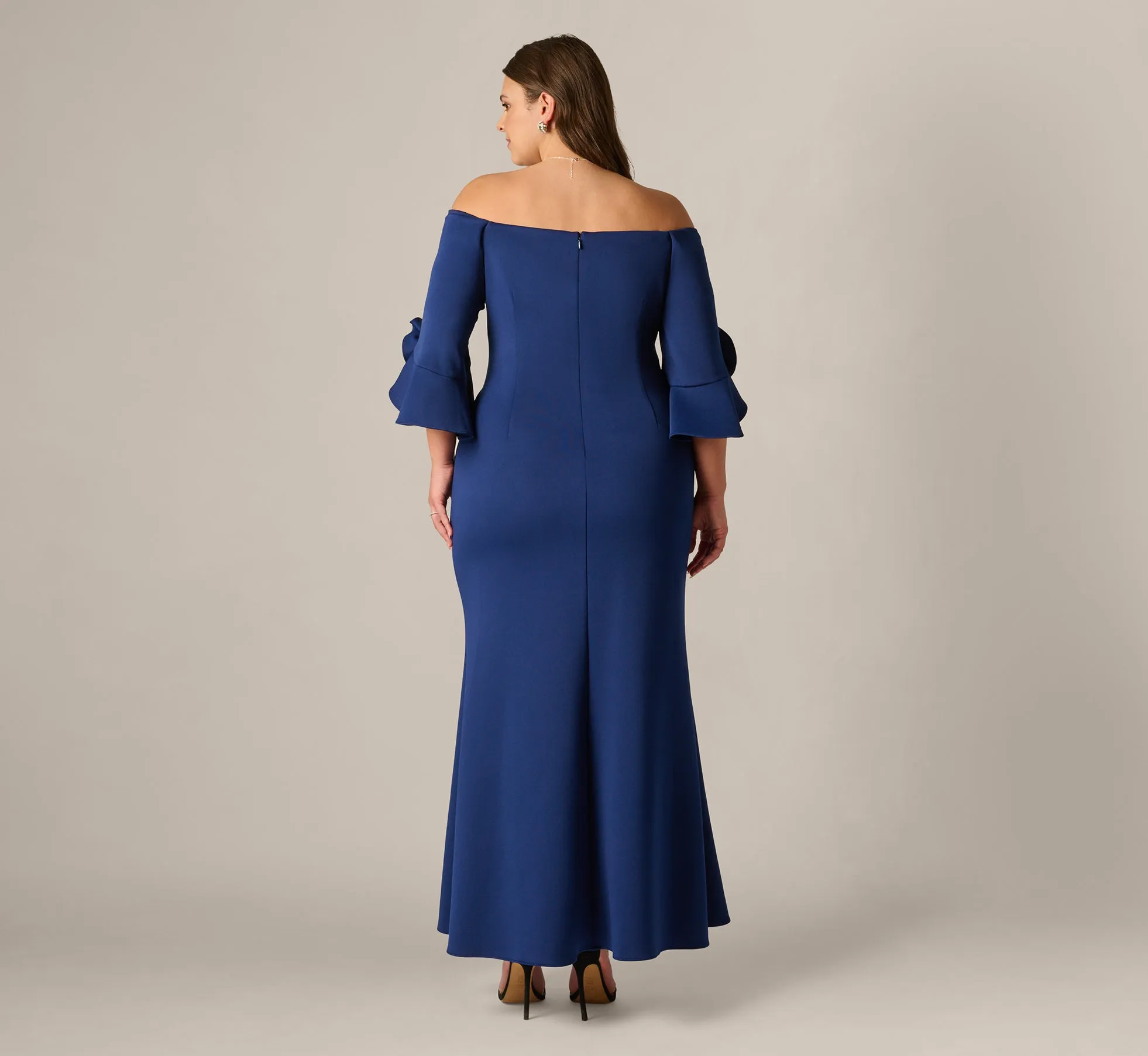 Plus Size Off Shoulder Bell Sleeve Rosette Gown In Navy Sateen sold by Adrianna Papell product image thumbnail 5