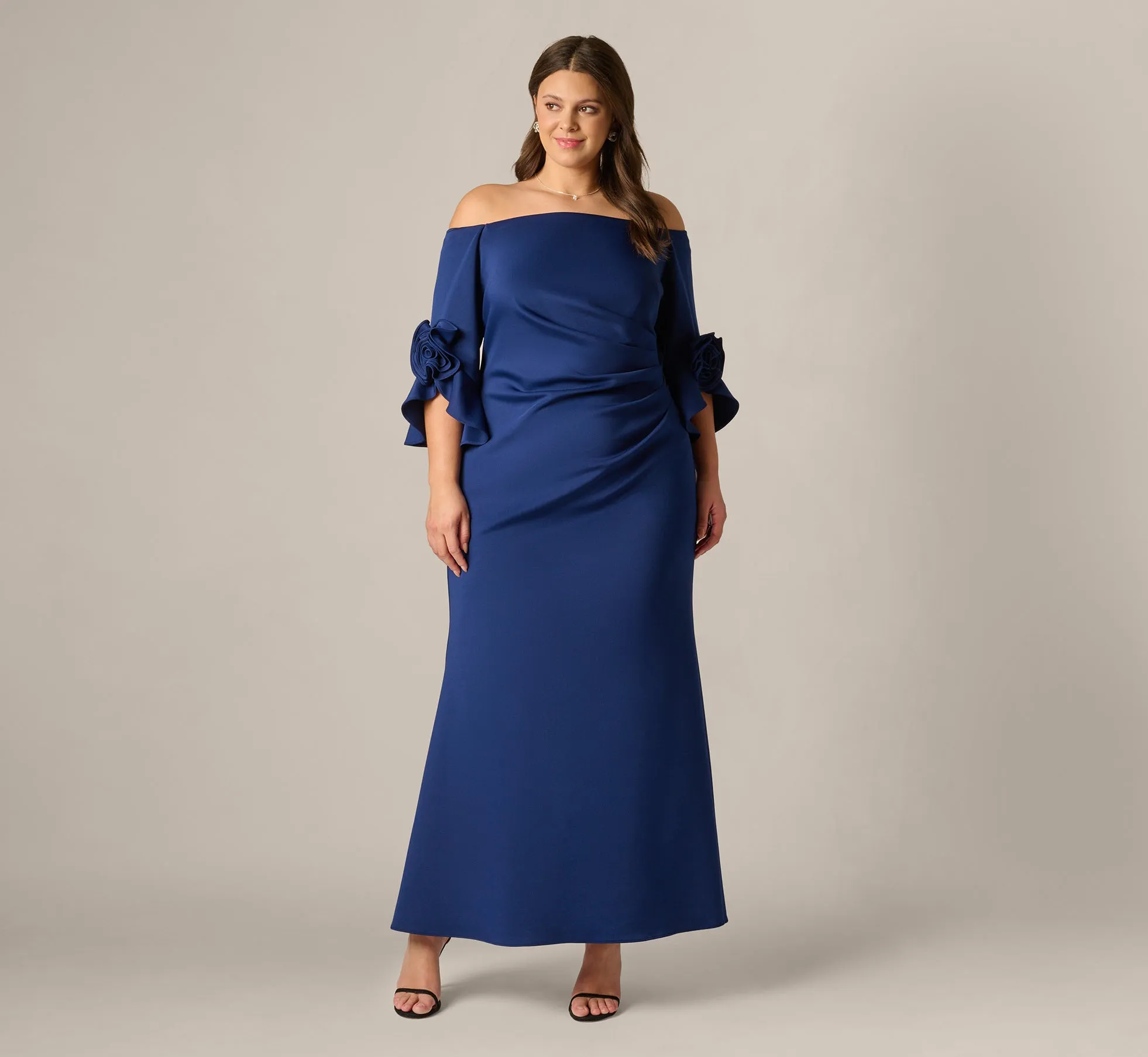 Plus Size Off Shoulder Bell Sleeve Rosette Gown In Navy Sateen sold by Adrianna Papell product image thumbnail 2