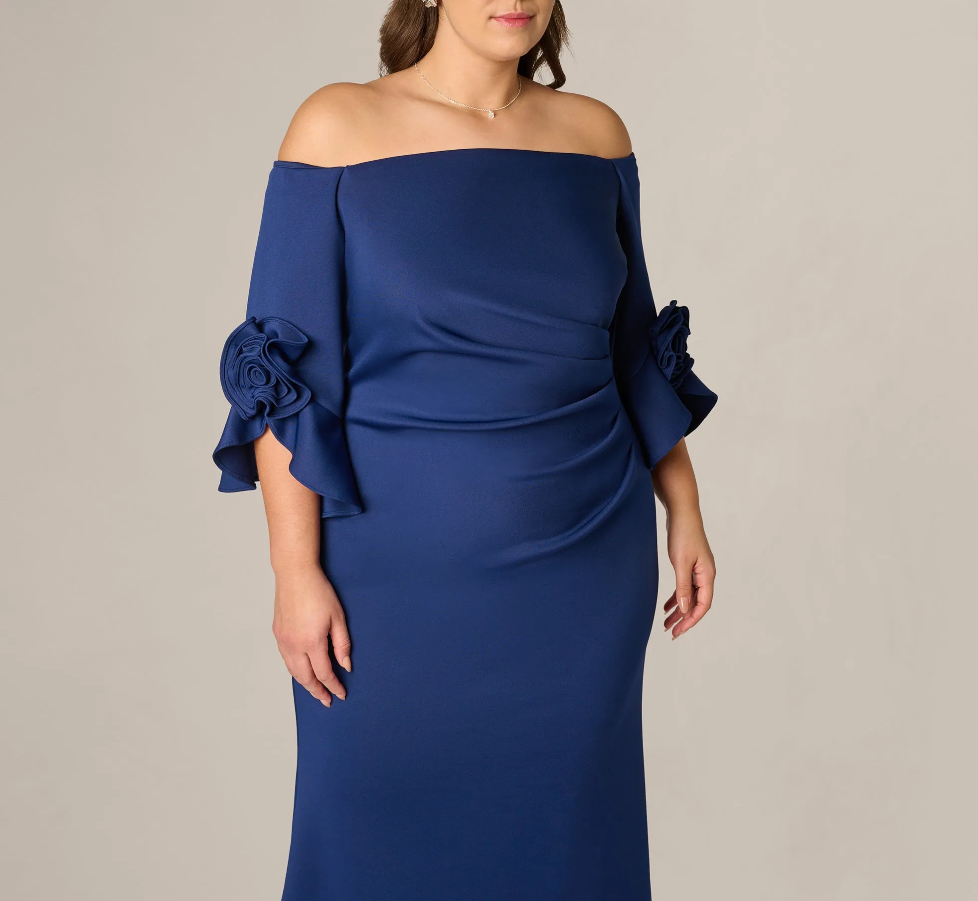 Plus Size Off Shoulder Bell Sleeve Rosette Gown In Navy Sateen sold by Adrianna Papell product image thumbnail 3