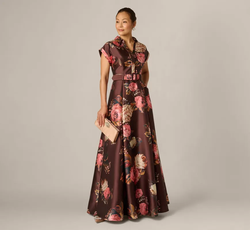 Short Sleeve Rose Floral Ballgown In Brown Multi made by Adrianna Papell
