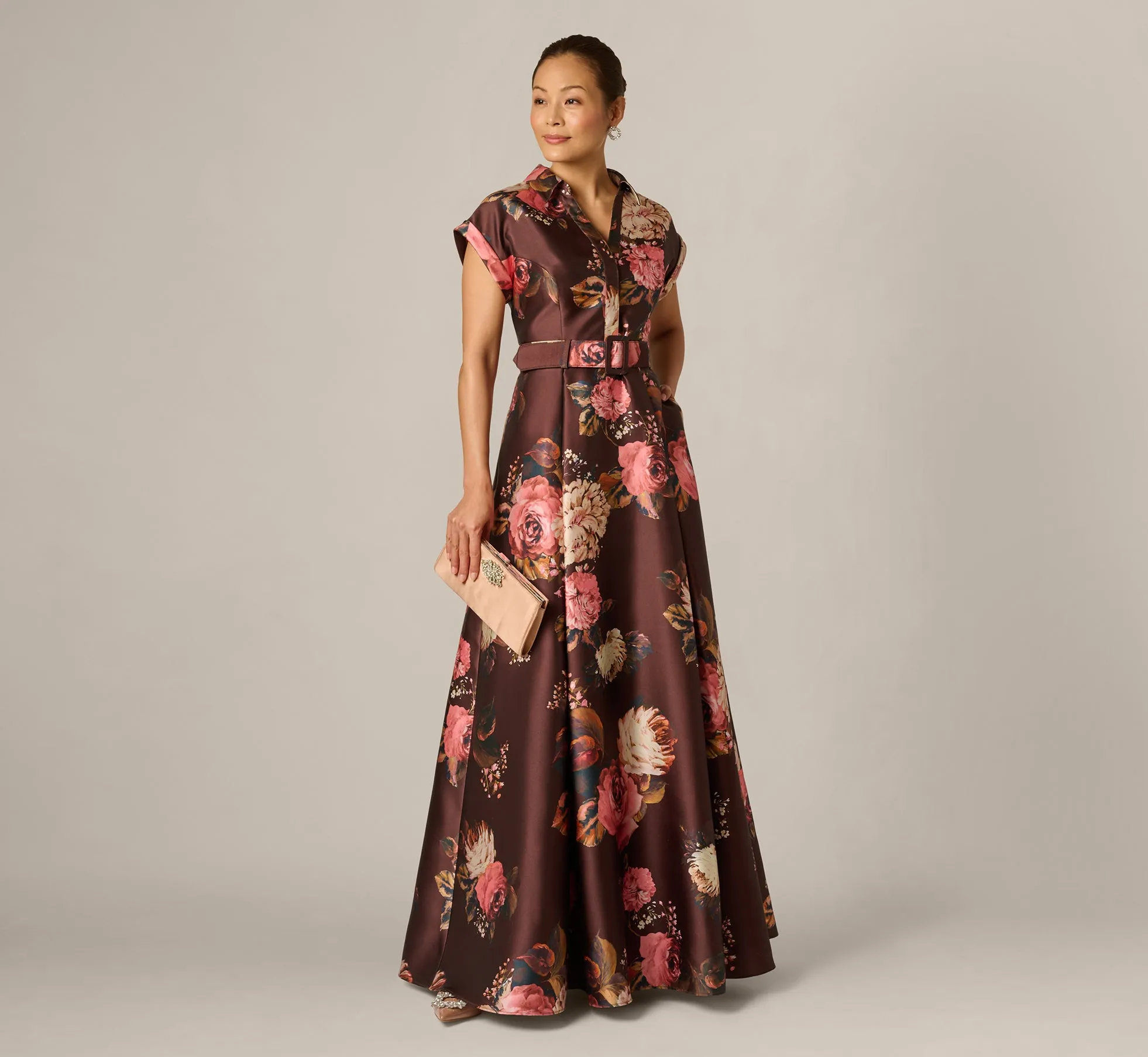 Short Sleeve Rose Floral Ballgown In Brown Multi sold by Adrianna Papell