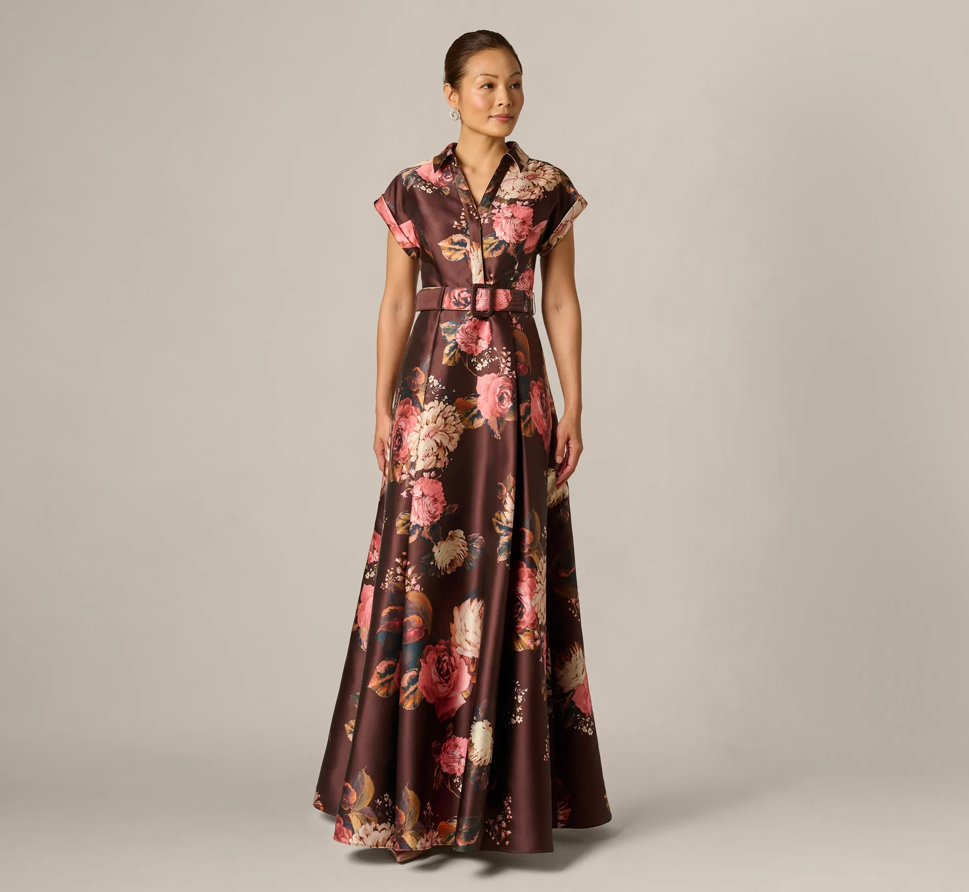 Short Sleeve Rose Floral Ballgown In Brown Multi sold by Adrianna Papell product image thumbnail 2