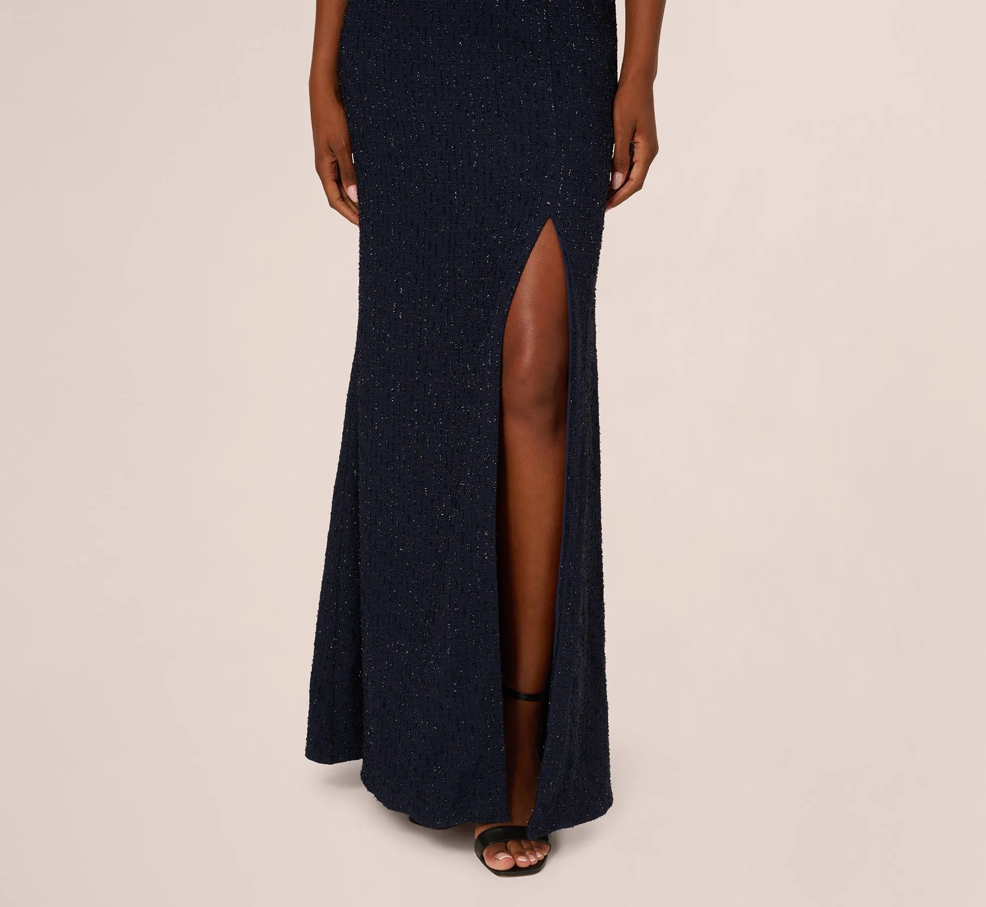 Beaded Off Shoulder Glitter Tweed Gown In Navy sold by Adrianna Papell product image thumbnail 4