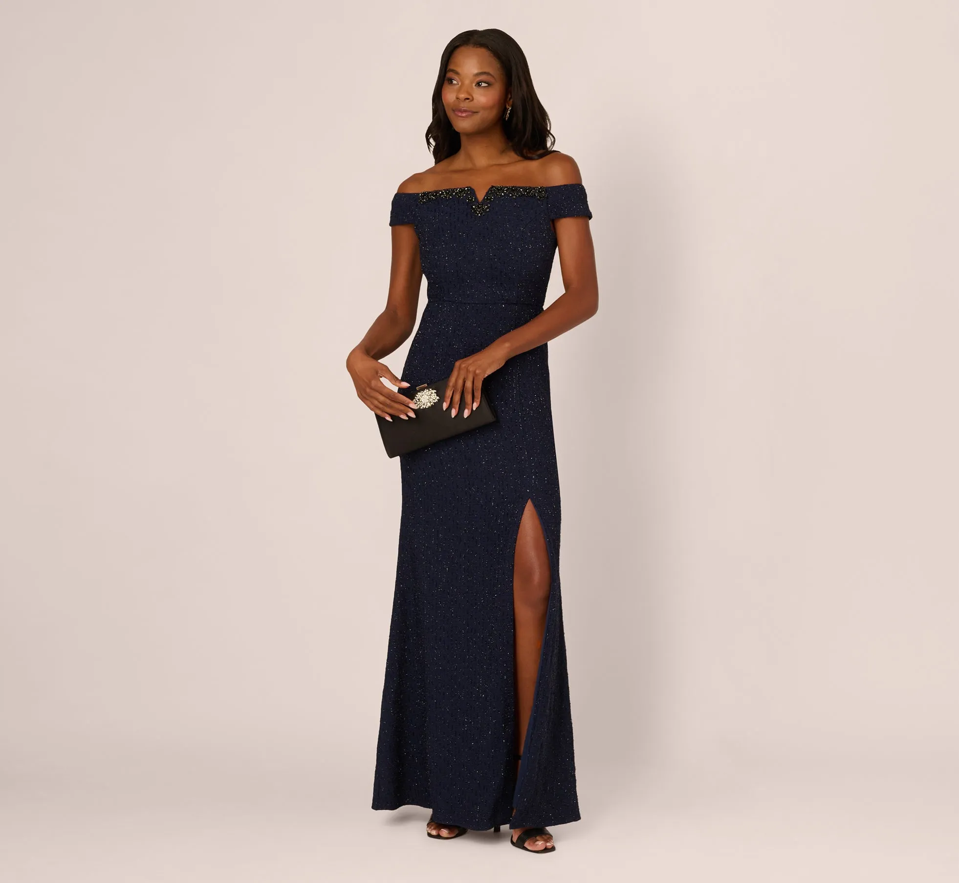 Beaded Off Shoulder Glitter Tweed Gown In Navy sold by Adrianna Papell