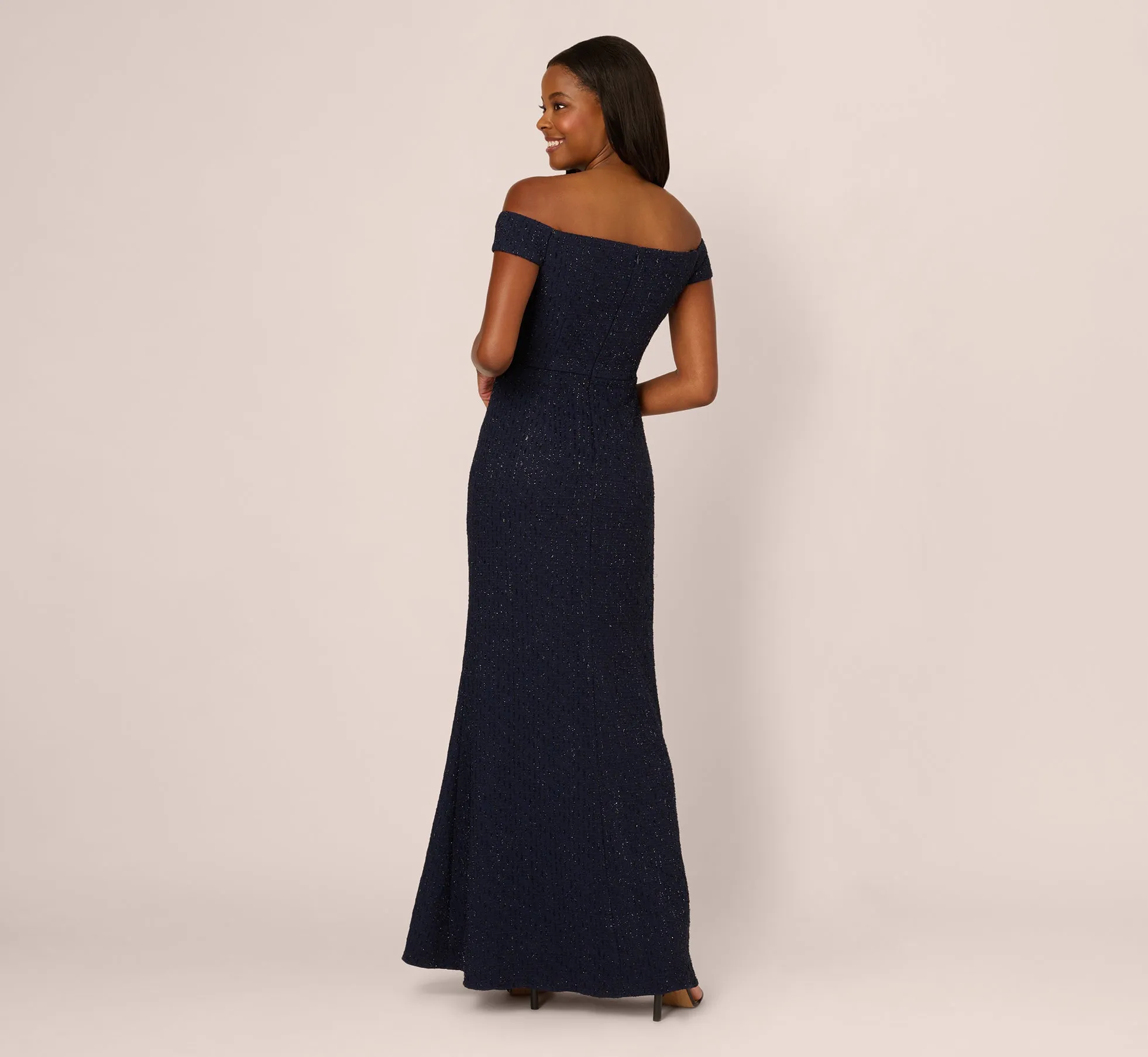 Beaded Off Shoulder Glitter Tweed Gown In Navy sold by Adrianna Papell product image thumbnail 5