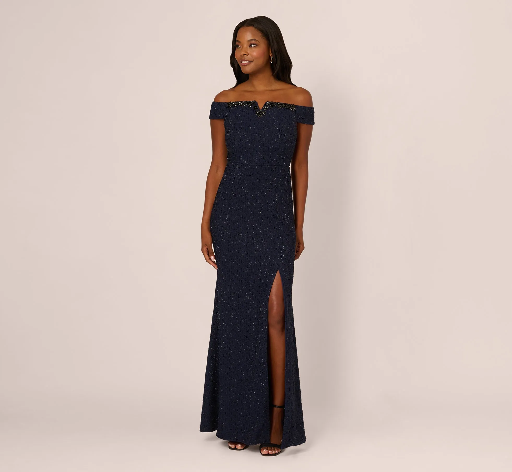 Beaded Off Shoulder Glitter Tweed Gown In Navy sold by Adrianna Papell product image thumbnail 2