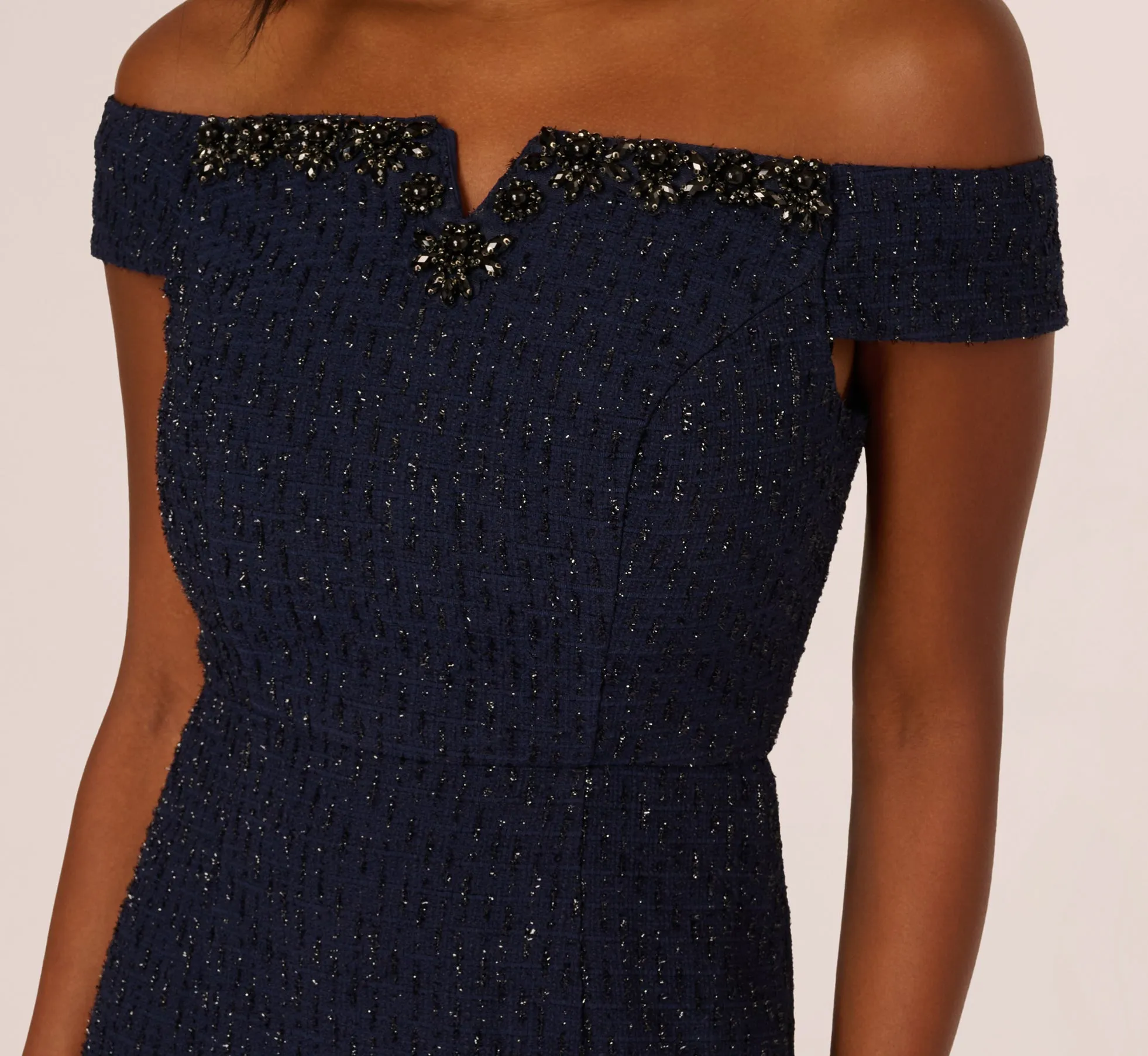 Beaded Off Shoulder Glitter Tweed Gown In Navy sold by Adrianna Papell product image thumbnail 3