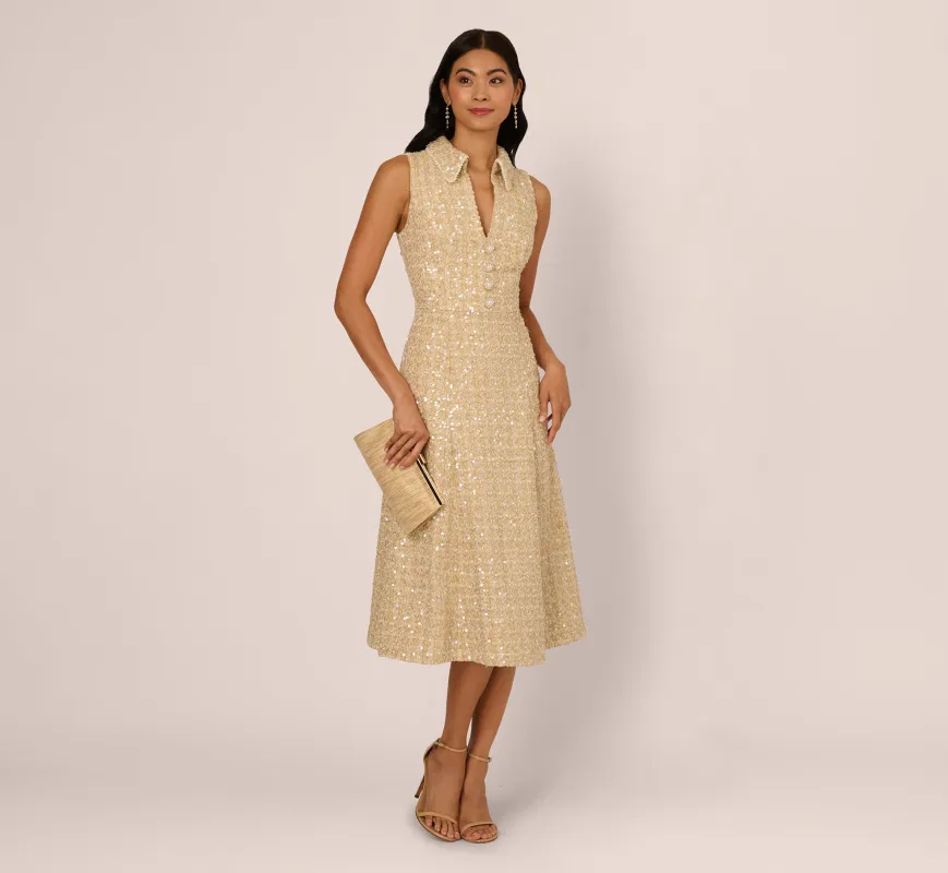 Collared Sequin Tweed Midi Dress In Champagne made by Adrianna Papell