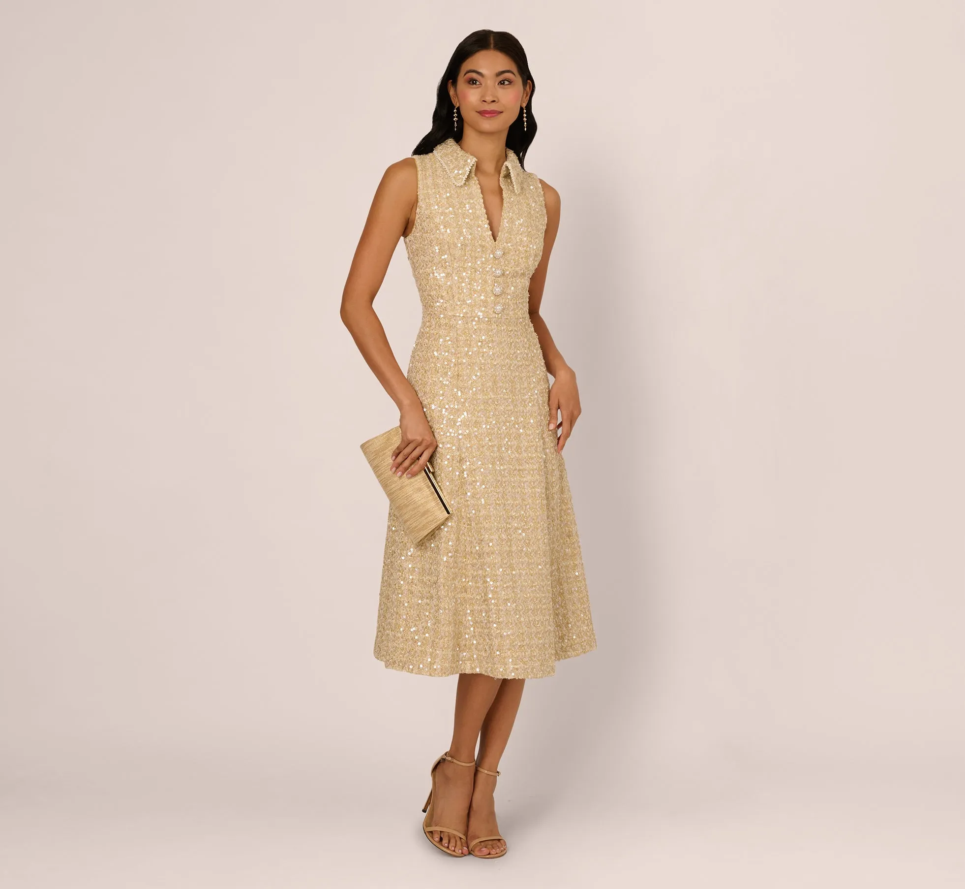 Collared Sequin Tweed Midi Dress In Champagne sold by Adrianna Papell