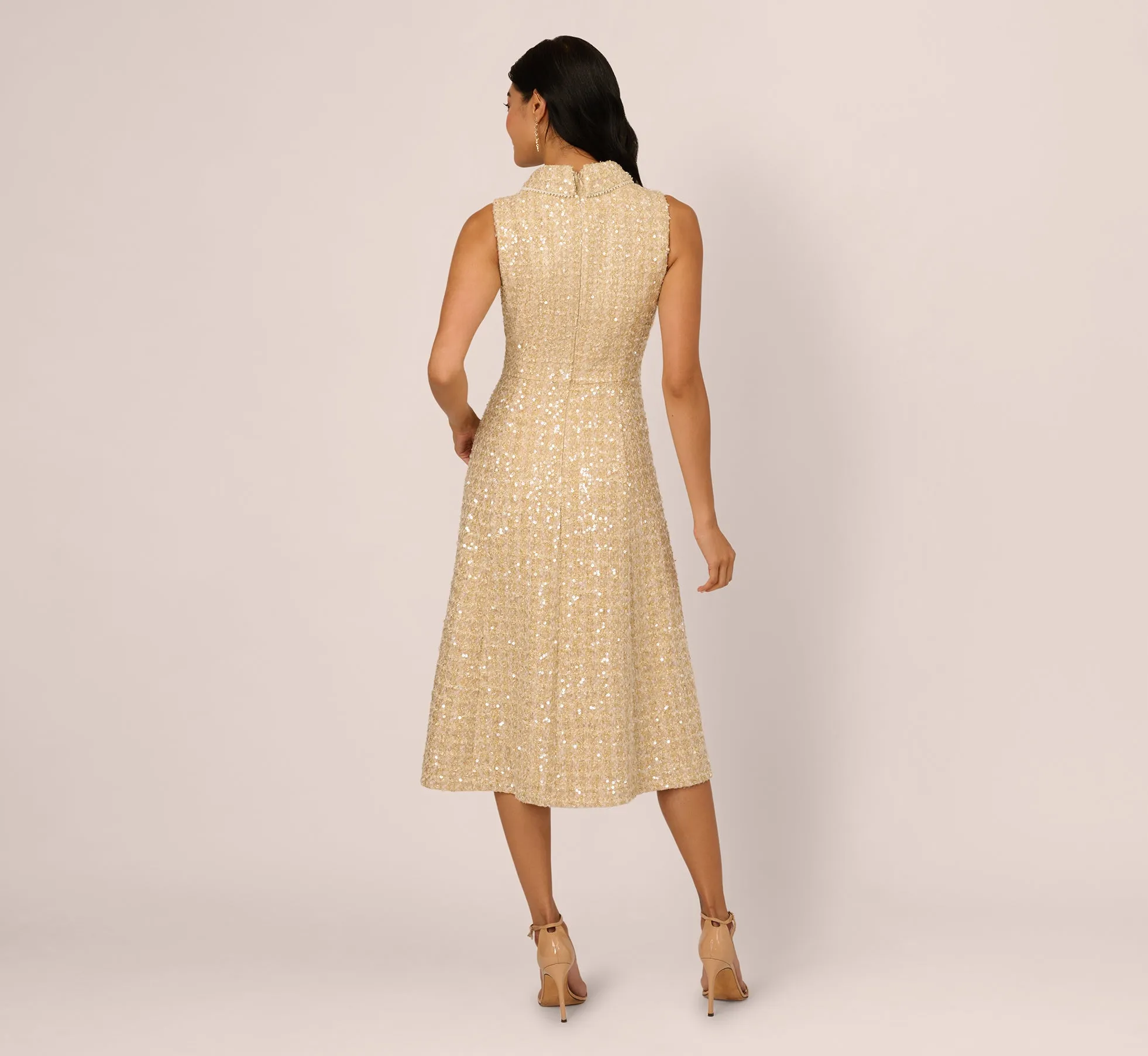 Collared Sequin Tweed Midi Dress In Champagne sold by Adrianna Papell product image thumbnail 5