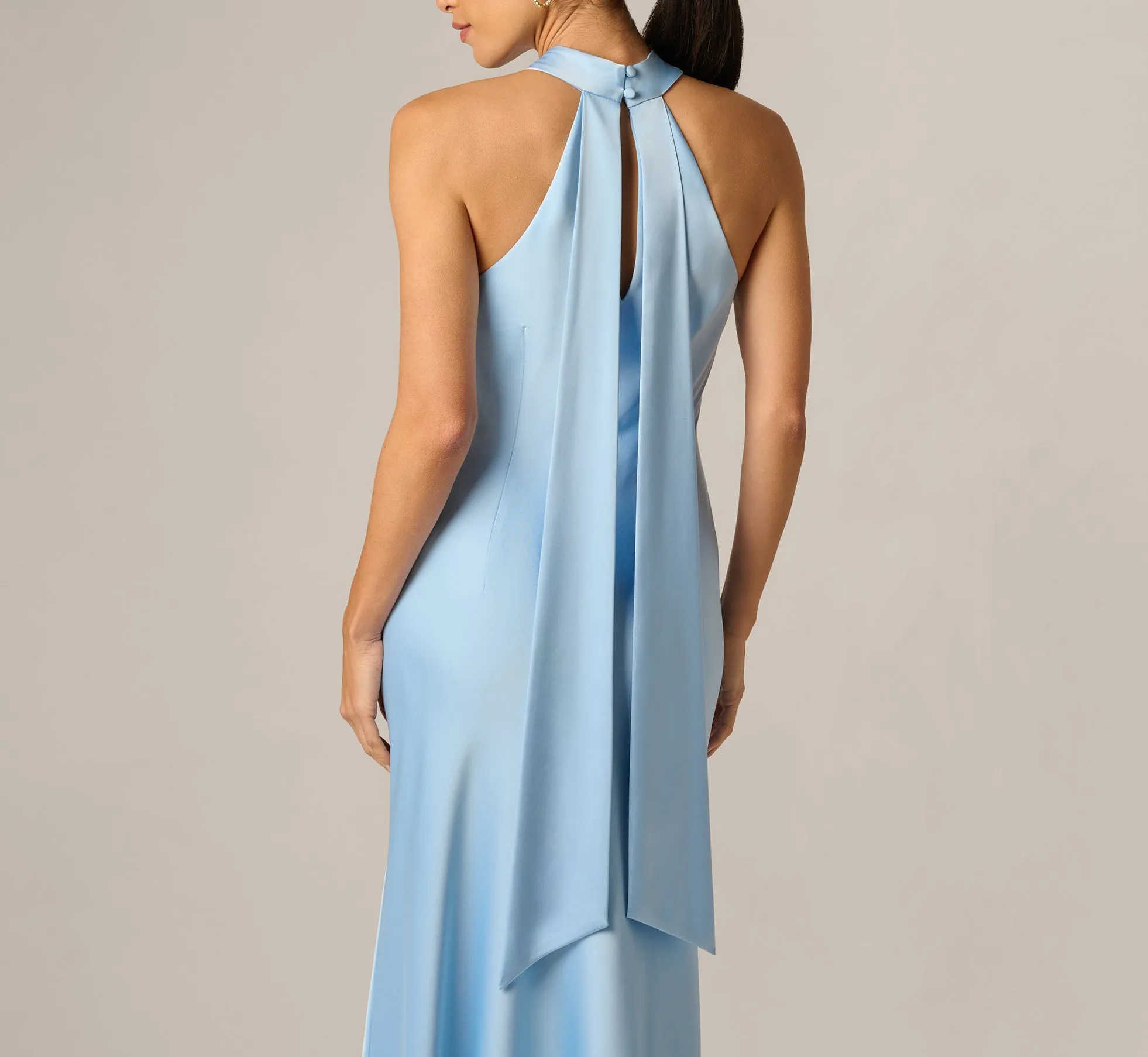 Bias Cut Stretch Satin Scarf Halter Gown In Azure Blue sold by Adrianna Papell product image thumbnail 4