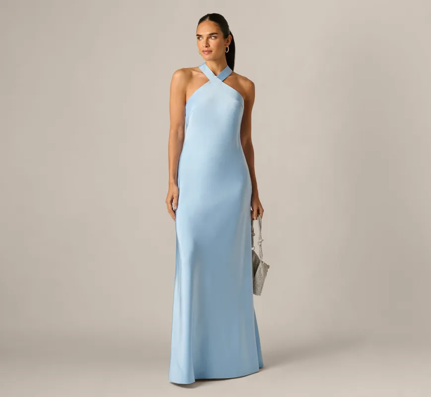 Bias Cut Stretch Satin Scarf Halter Gown In Azure Blue made by Adrianna Papell