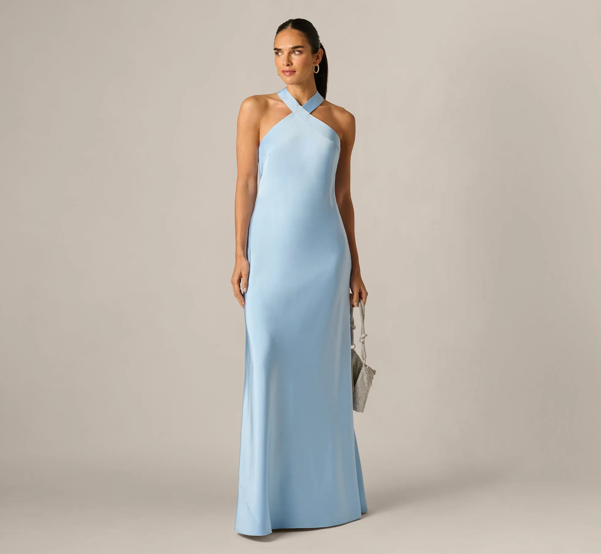 Bias Cut Stretch Satin Scarf Halter Gown In Azure Blue sold by Adrianna Papell