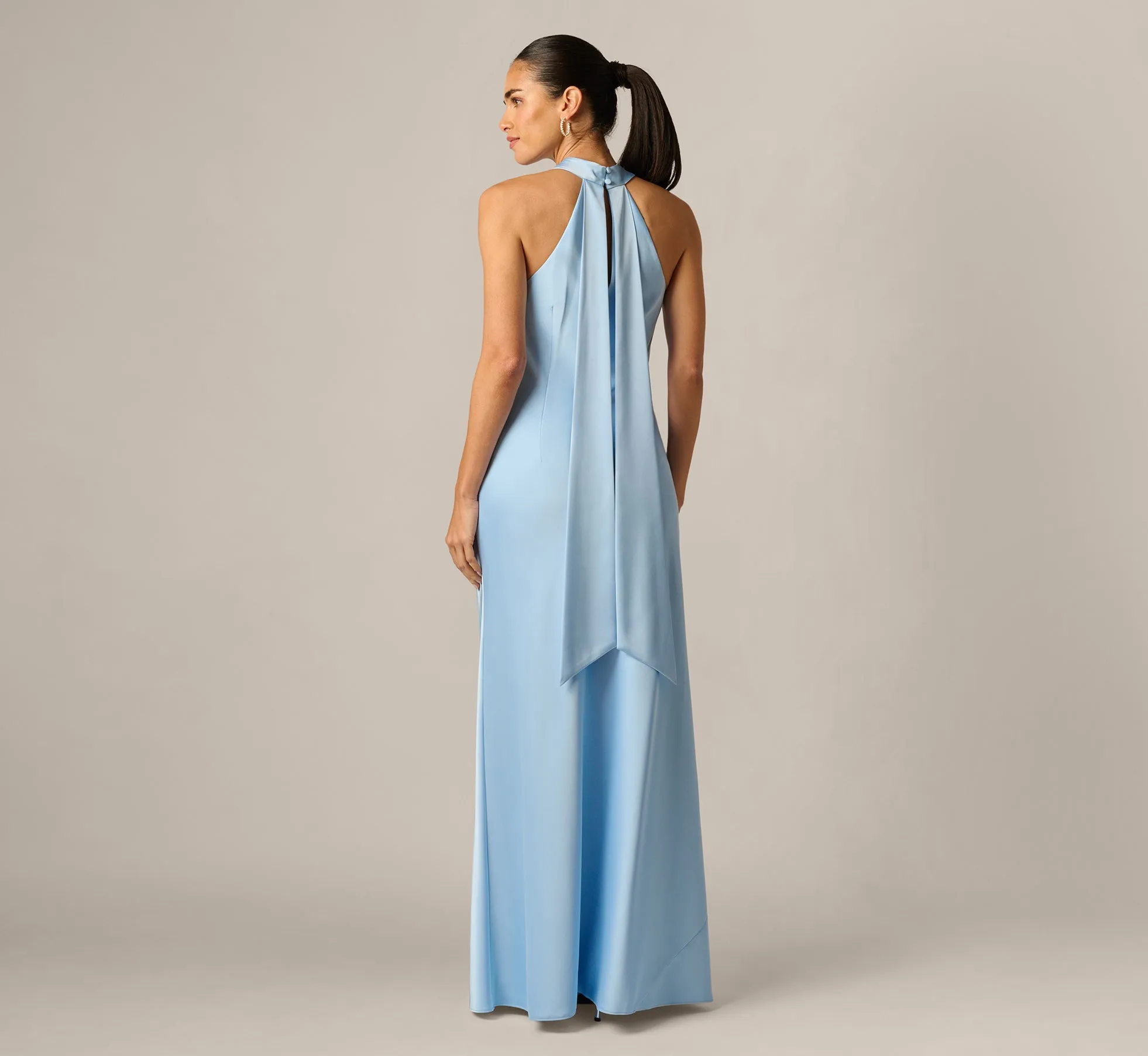 Bias Cut Stretch Satin Scarf Halter Gown In Azure Blue sold by Adrianna Papell product image thumbnail 5