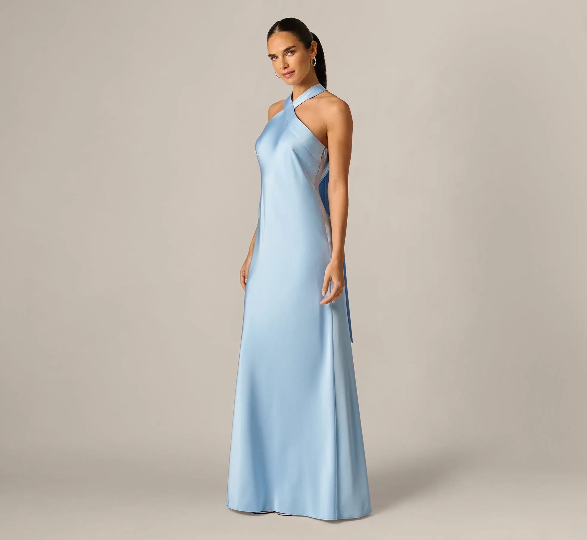 Bias Cut Stretch Satin Scarf Halter Gown In Azure Blue sold by Adrianna Papell product image thumbnail 2