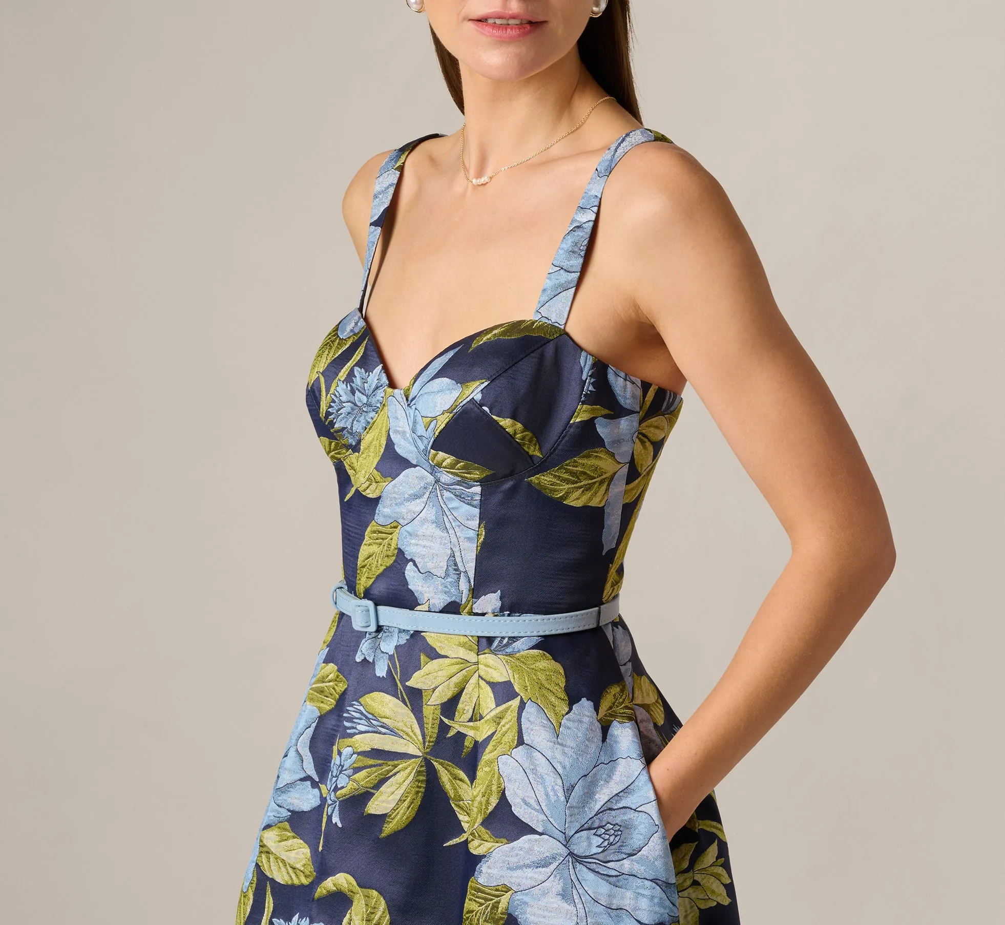 Floral Jacquard Sweetheart Scalloped Ankle Dress In Blue Multi sold by Adrianna Papell product image thumbnail 4
