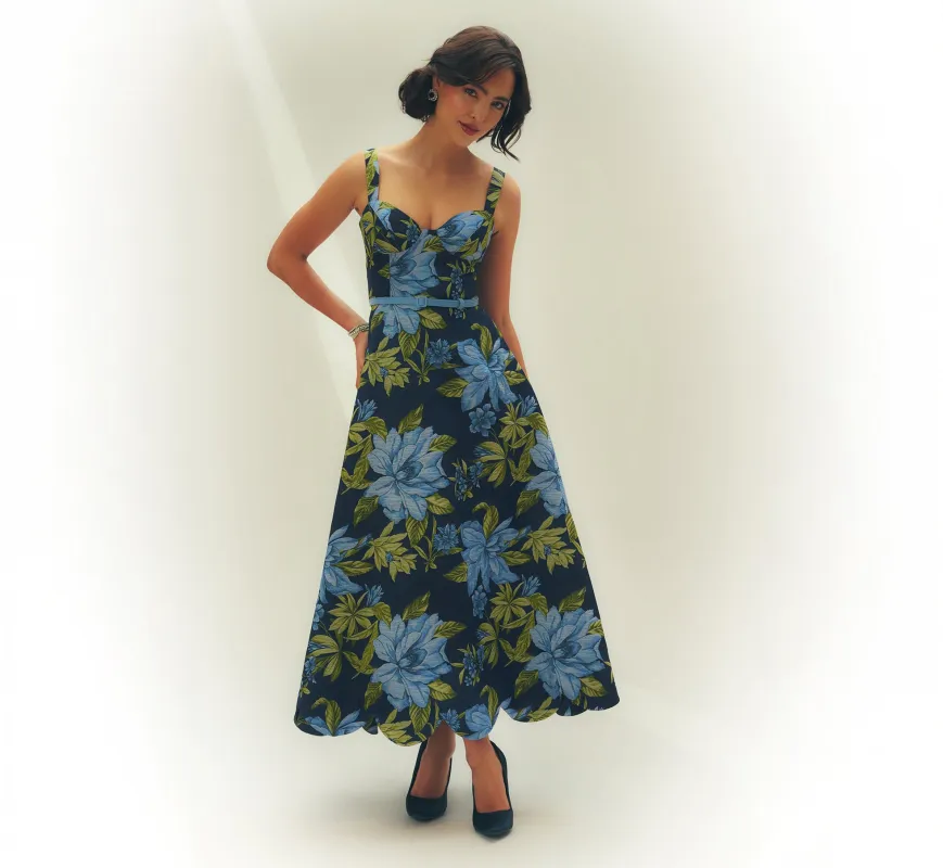 Floral Jacquard Sweetheart Scalloped Ankle Dress In Blue Multi made by Aidan Mattox