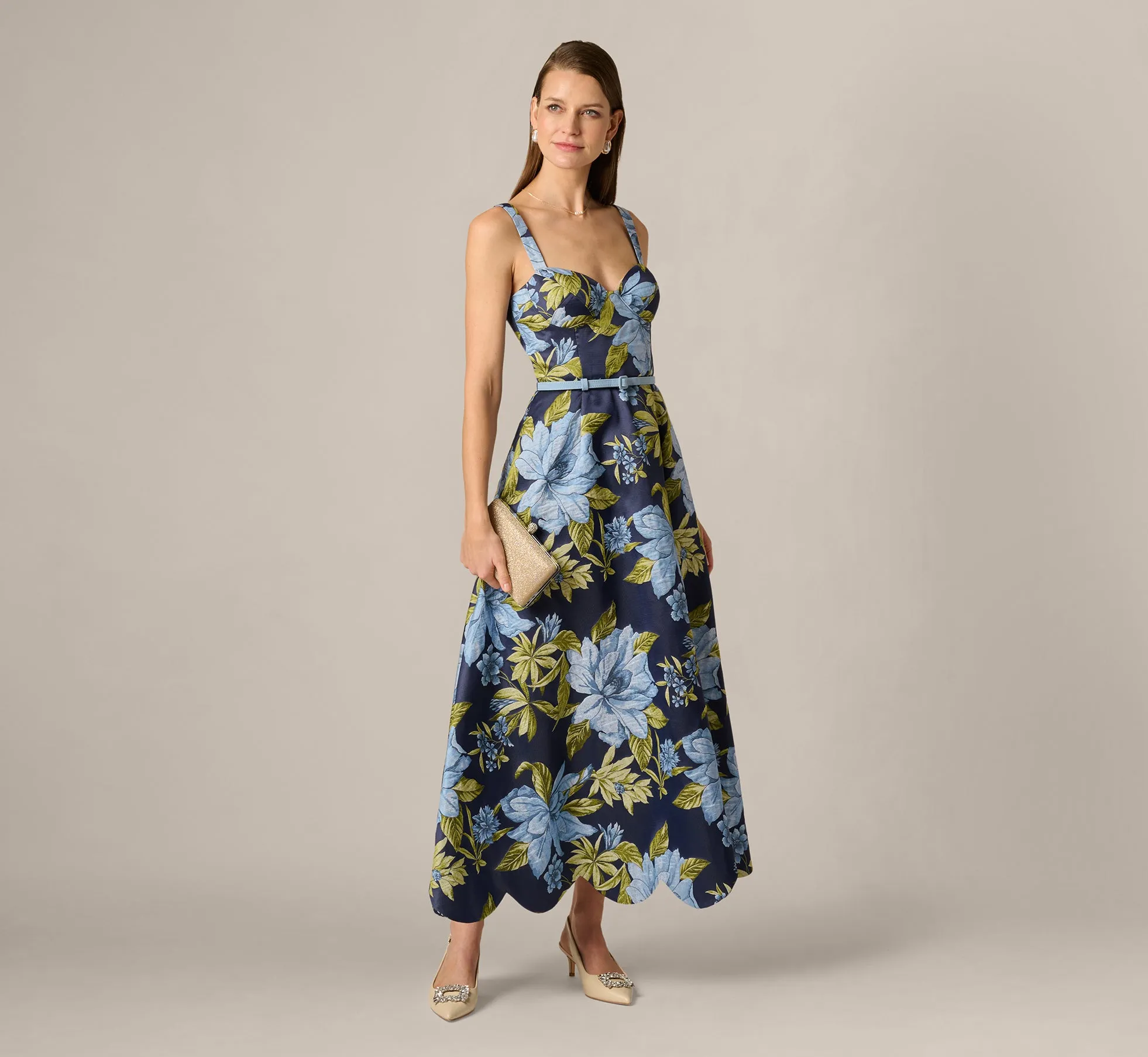 Floral Jacquard Sweetheart Scalloped Ankle Dress In Blue Multi sold by Adrianna Papell product image thumbnail 2