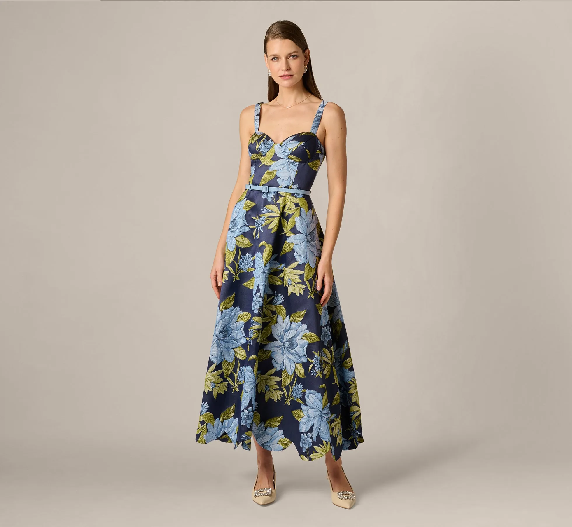 Floral Jacquard Sweetheart Scalloped Ankle Dress In Blue Multi sold by Adrianna Papell product image thumbnail 3