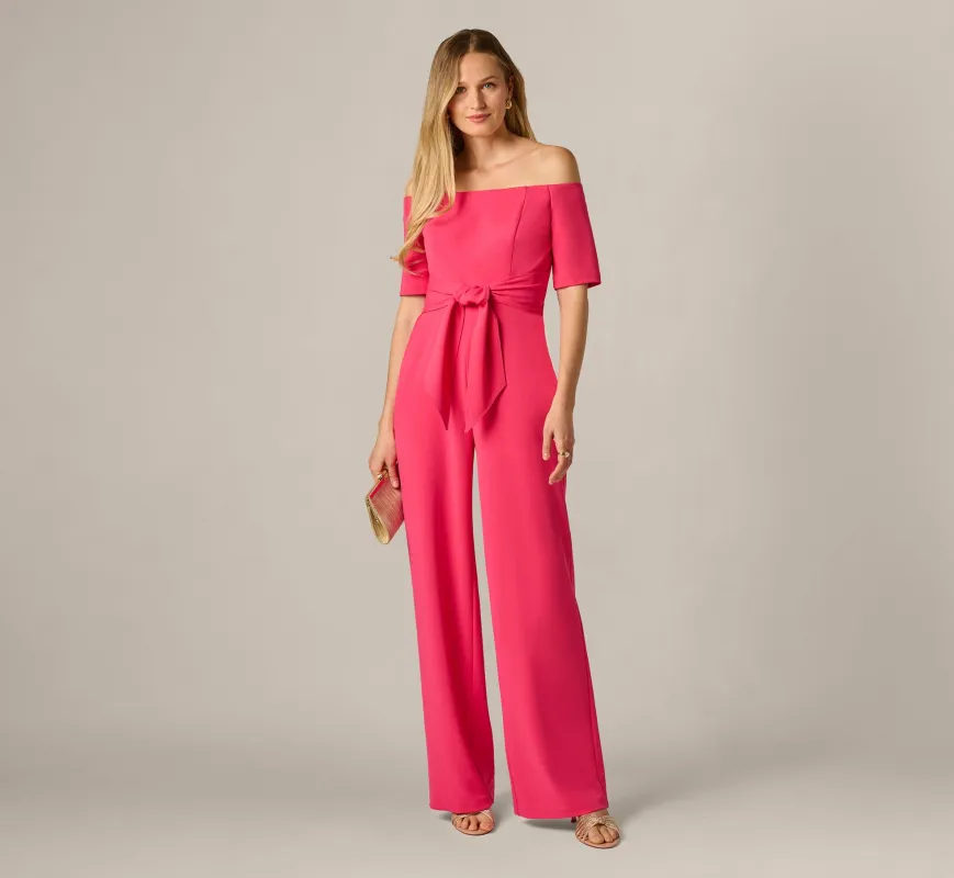 Off Shoulder Tie Front Stretch Jumpsuit In Camellia made by Adrianna Papell