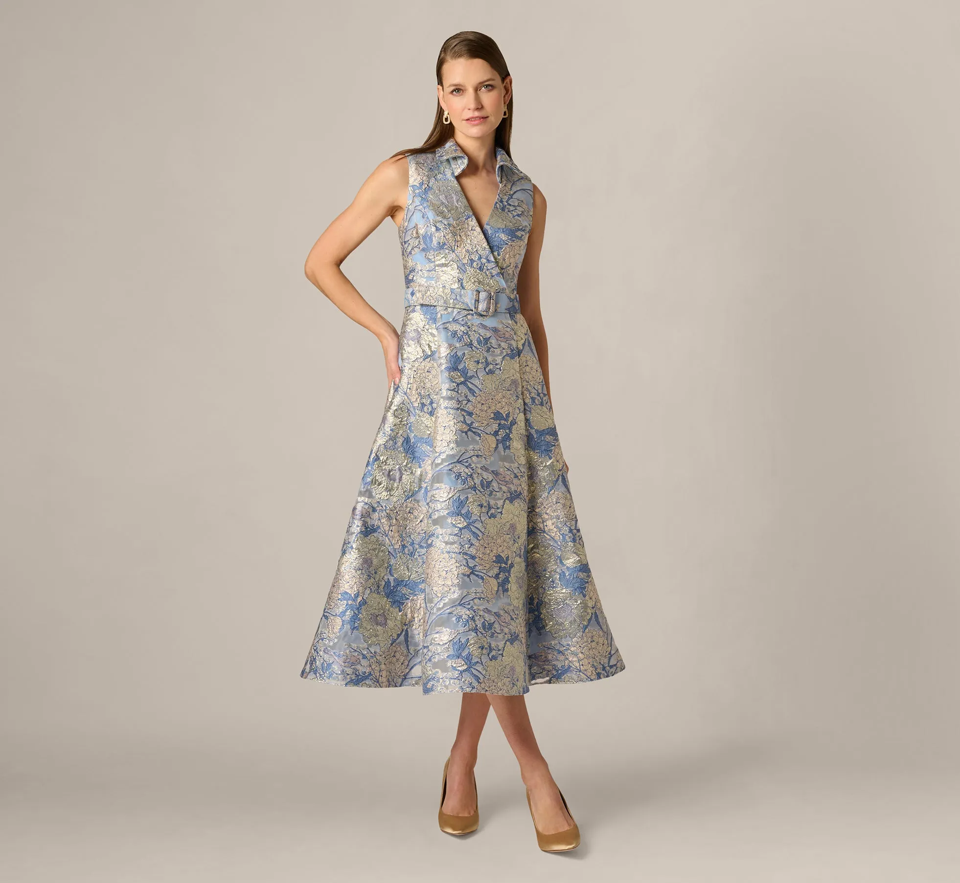 Hydrangea Floral Jacquard Collared Midi Dress In Blue Multi sold by Adrianna Papell product image thumbnail 3