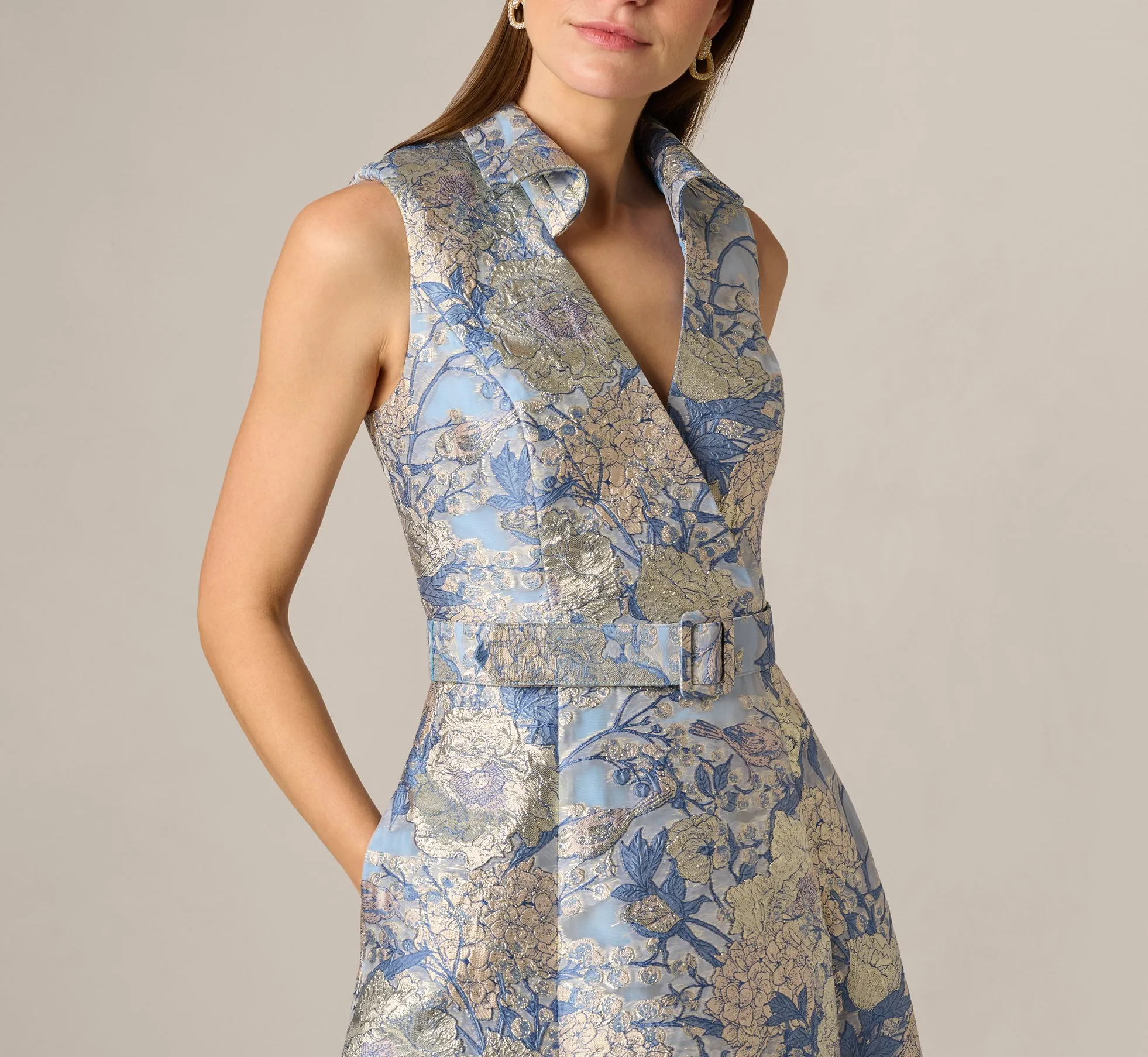 Hydrangea Floral Jacquard Collared Midi Dress In Blue Multi sold by Adrianna Papell product image thumbnail 4