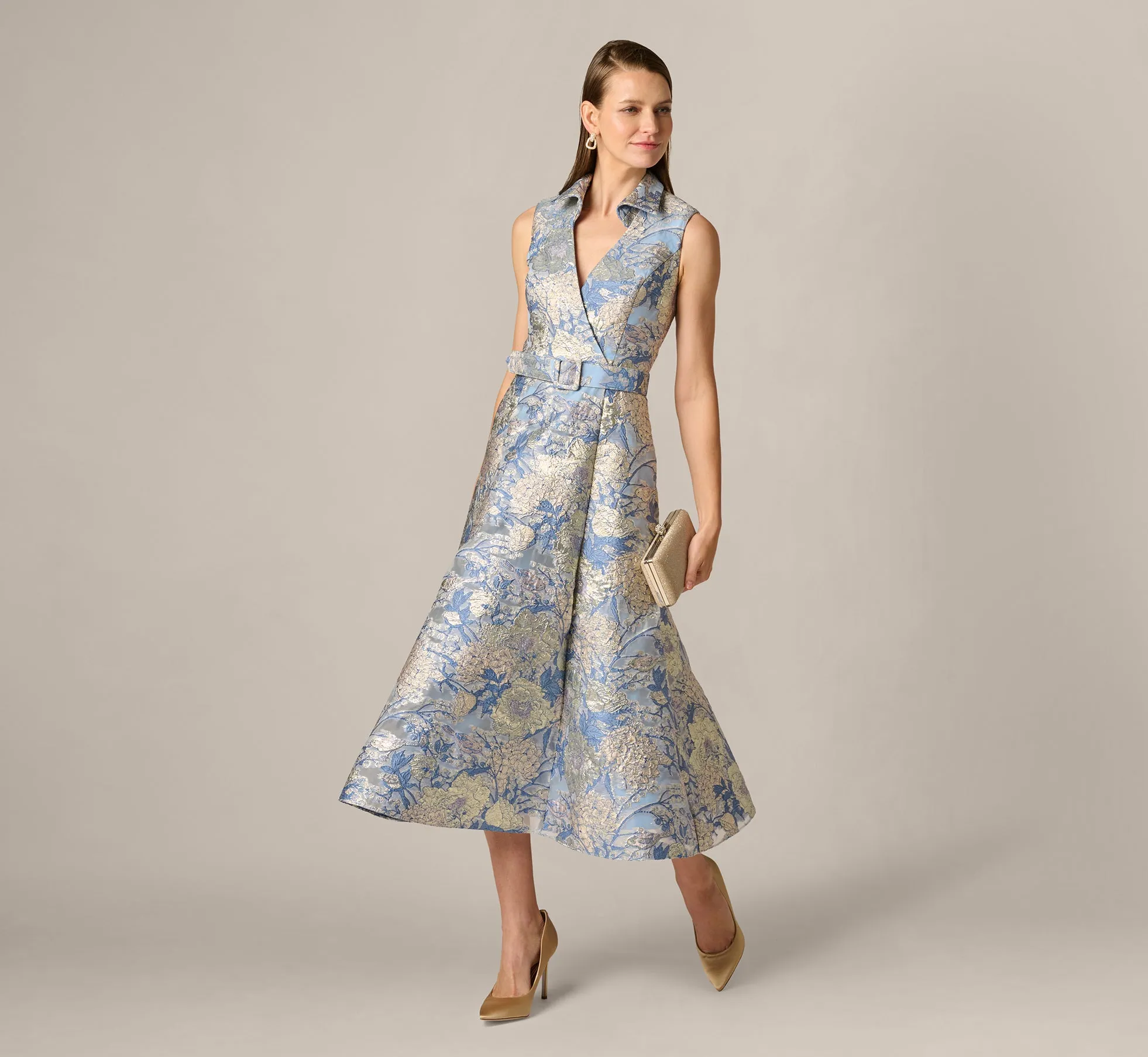 Hydrangea Floral Jacquard Collared Midi Dress In Blue Multi sold by Adrianna Papell product image thumbnail 2