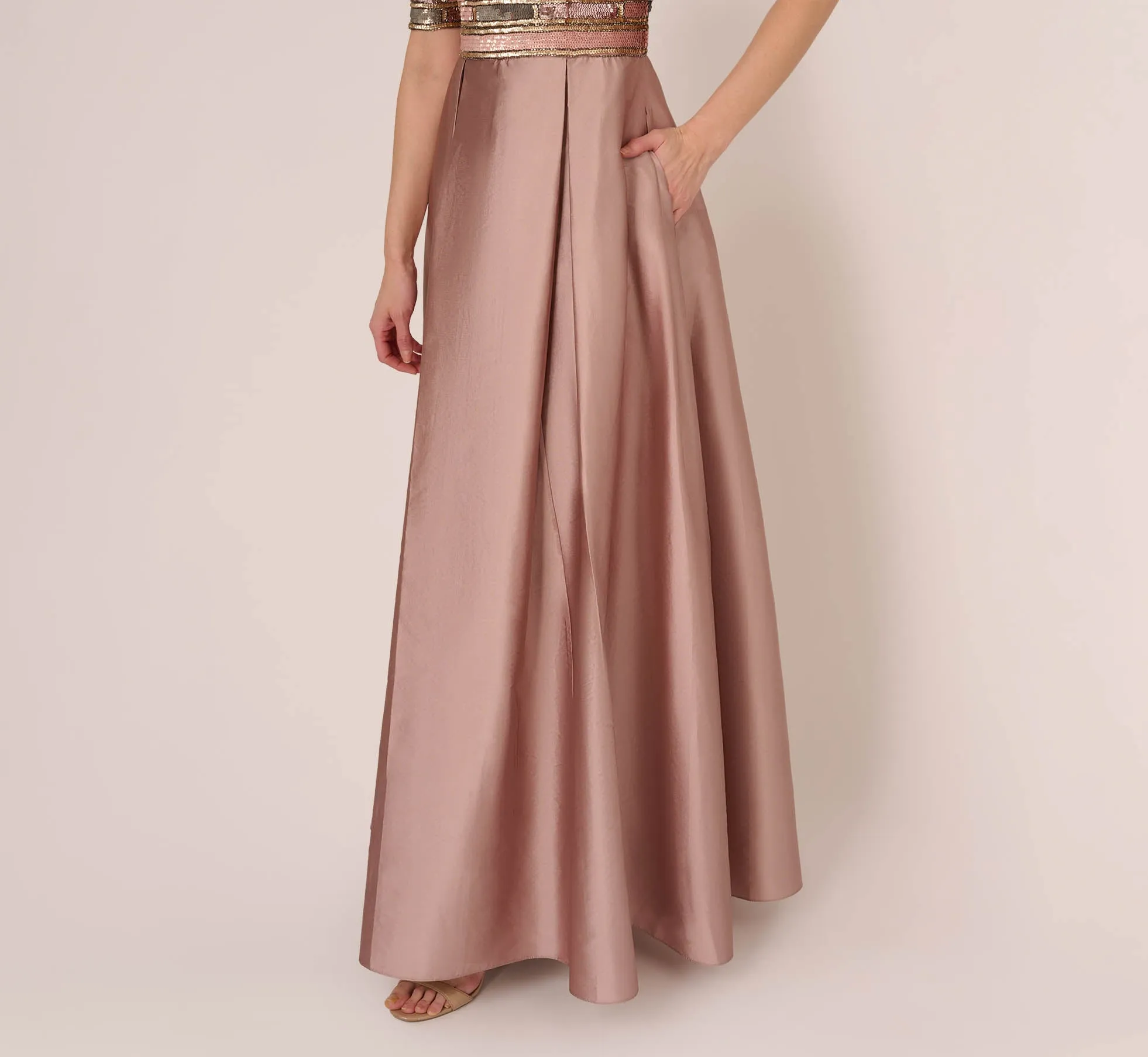 Embellished Taffeta Gown With Sheer Elbow Length Sleeves In Stone sold by Adrianna Papell product image thumbnail 5