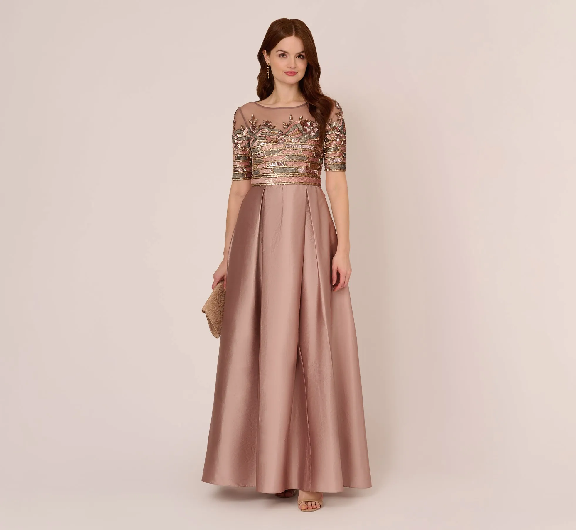 Embellished Taffeta Gown With Sheer Elbow Length Sleeves In Stone sold by Adrianna Papell product image thumbnail 2