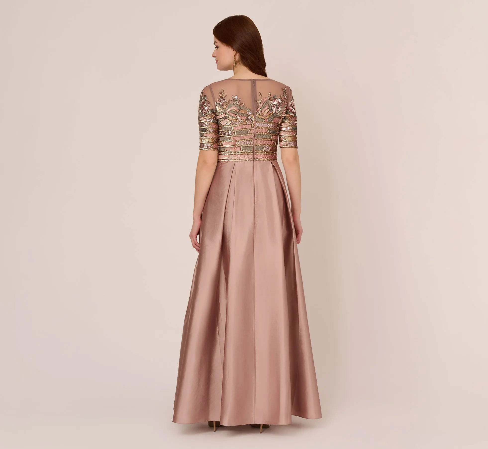 Embellished Taffeta Gown With Sheer Elbow Length Sleeves In Stone sold by Adrianna Papell product image thumbnail 4