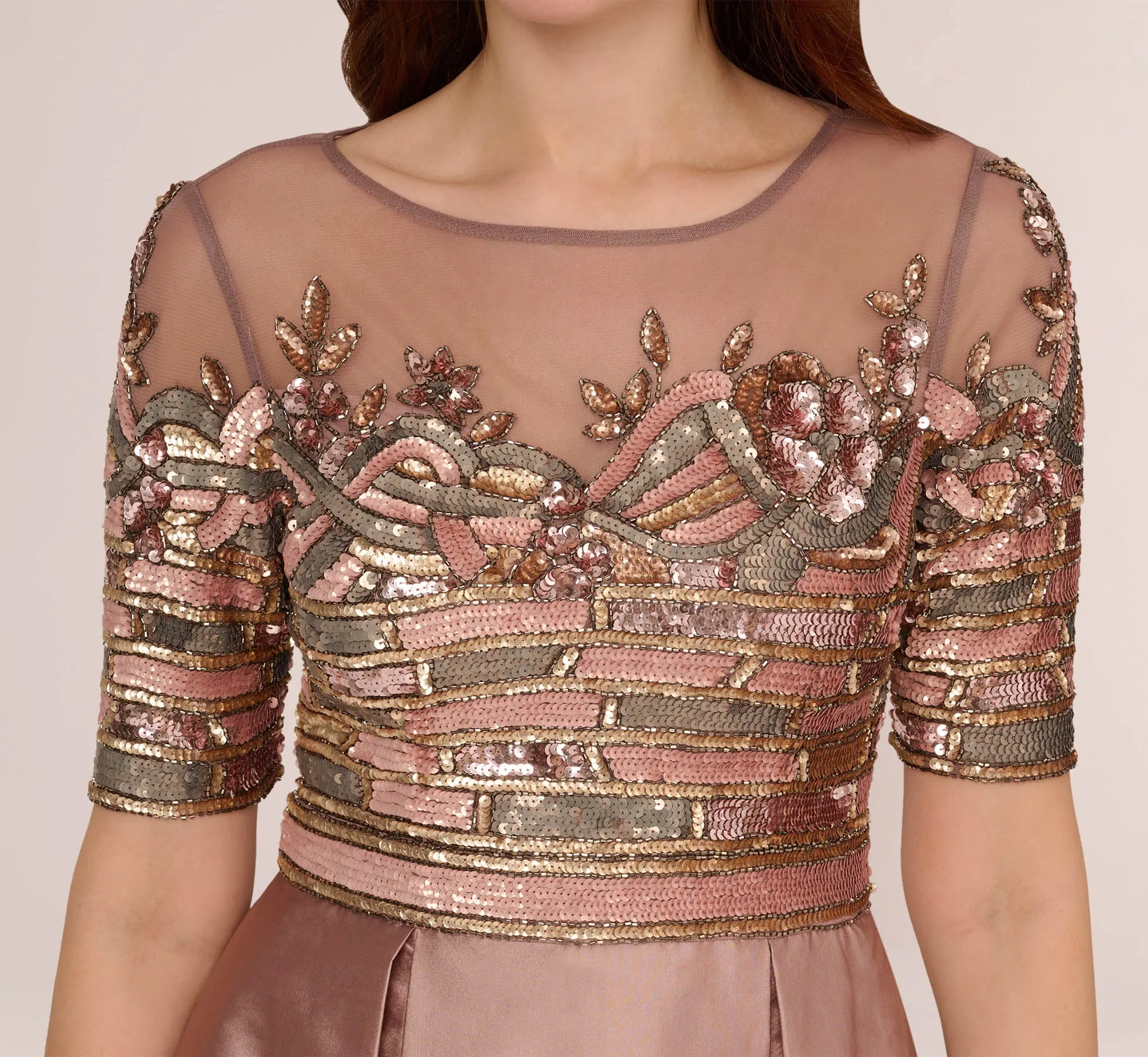 Embellished Taffeta Gown With Sheer Elbow Length Sleeves In Stone sold by Adrianna Papell product image thumbnail 3