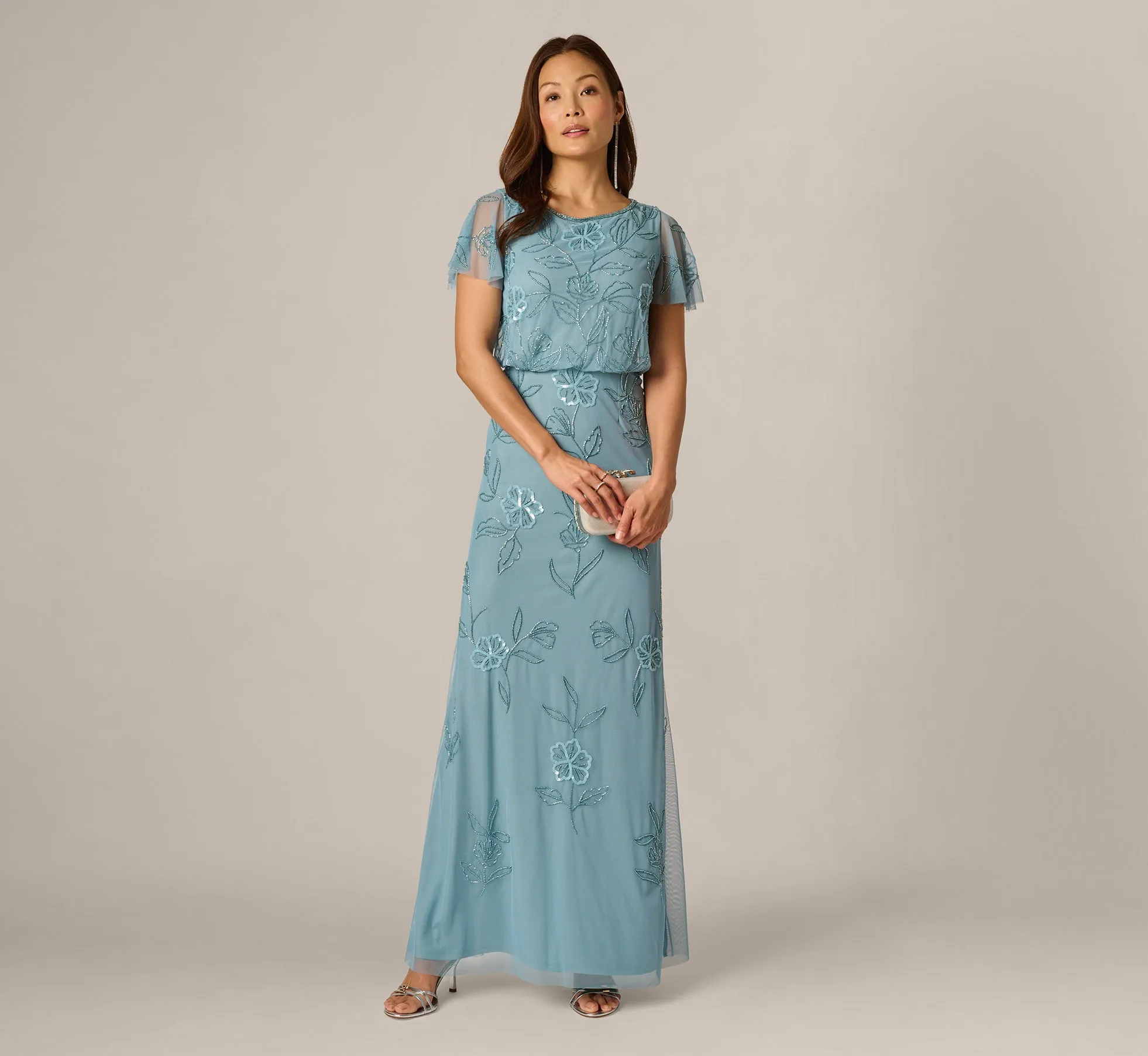 Flutter Sleeve Floral Beaded Blouson Gown In Air Sky sold by Adrianna Papell