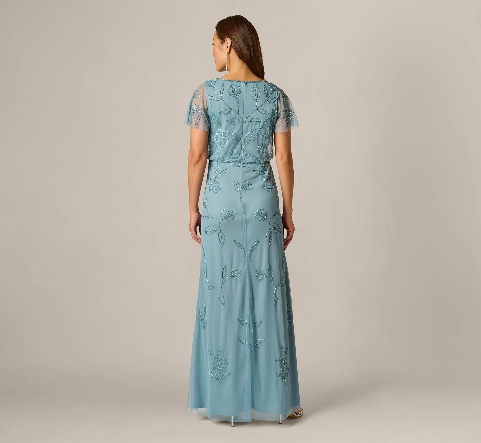 Flutter Sleeve Floral Beaded Blouson Gown In Air Sky sold by Adrianna Papell product image thumbnail 5
