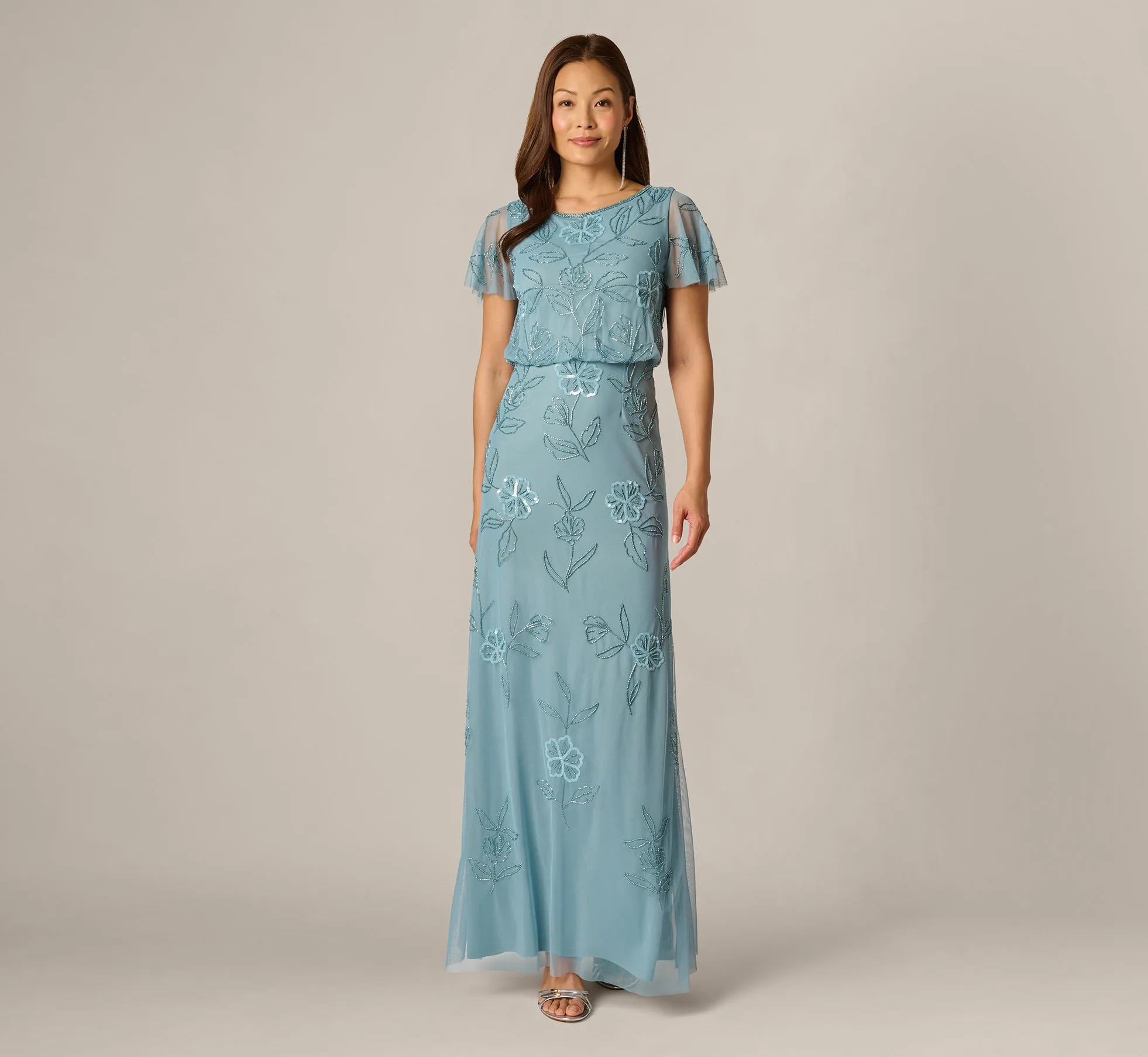 Flutter Sleeve Floral Beaded Blouson Gown In Air Sky sold by Adrianna Papell product image thumbnail 2