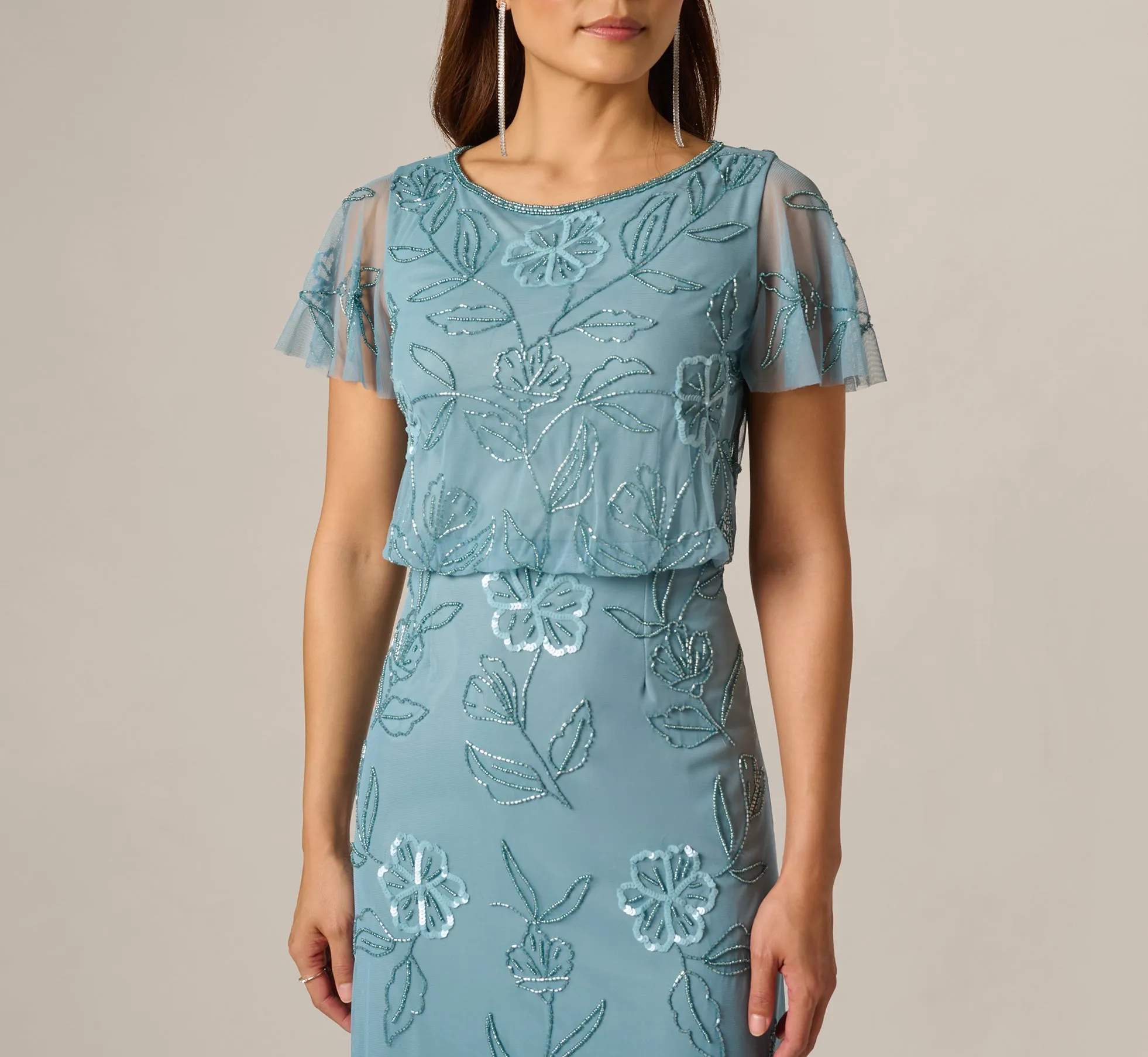 Flutter Sleeve Floral Beaded Blouson Gown In Air Sky sold by Adrianna Papell product image thumbnail 3