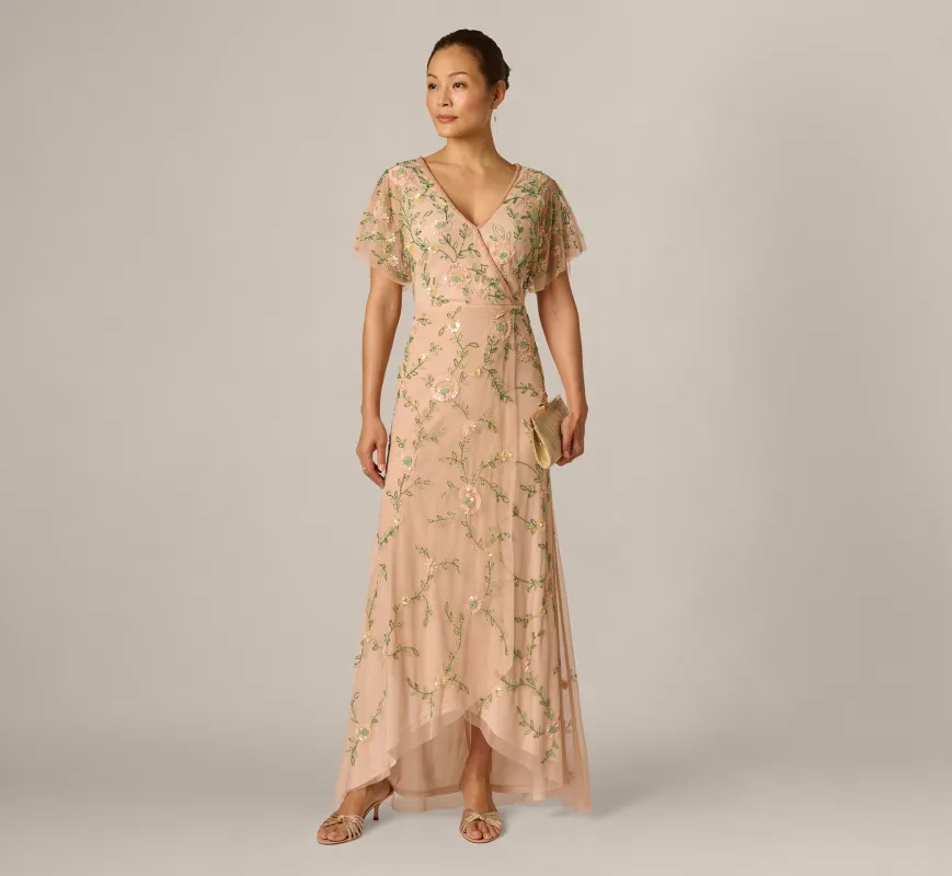 Flutter Sleeve Beaded Wrap Dress In Blush Multi sold by Adrianna Papell