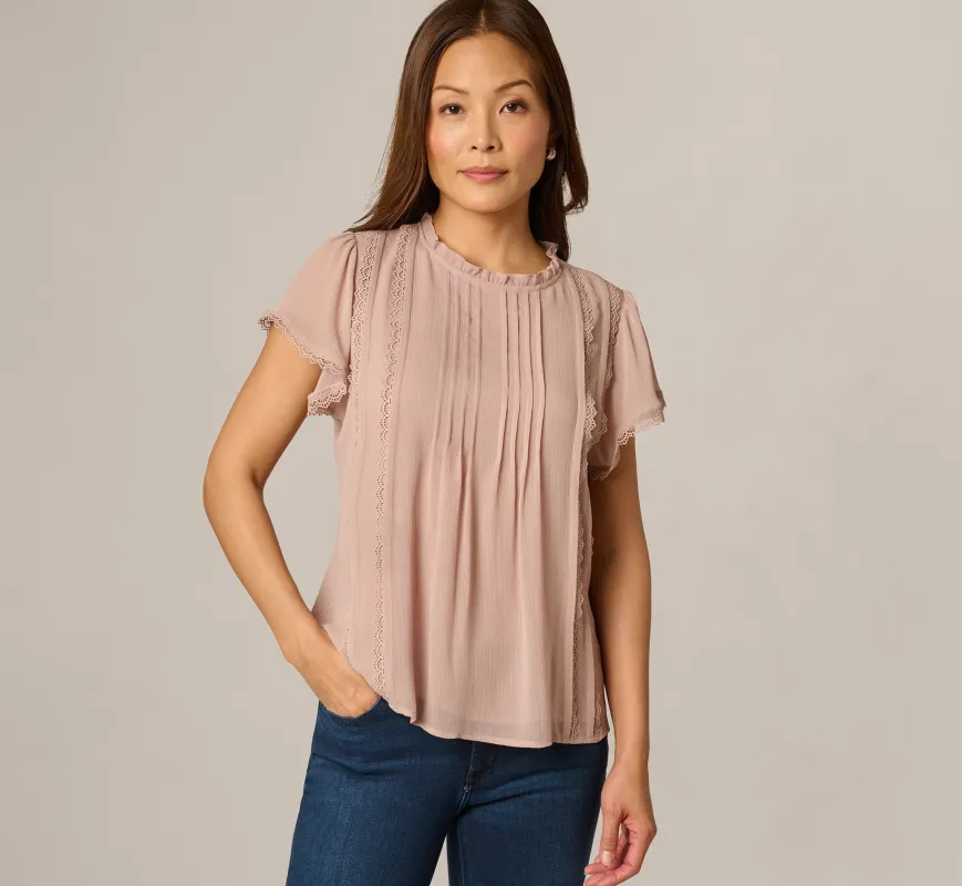 Flutter Sleeve Lace Pintuck Top In Simply Taupe sold by Adrianna Papell