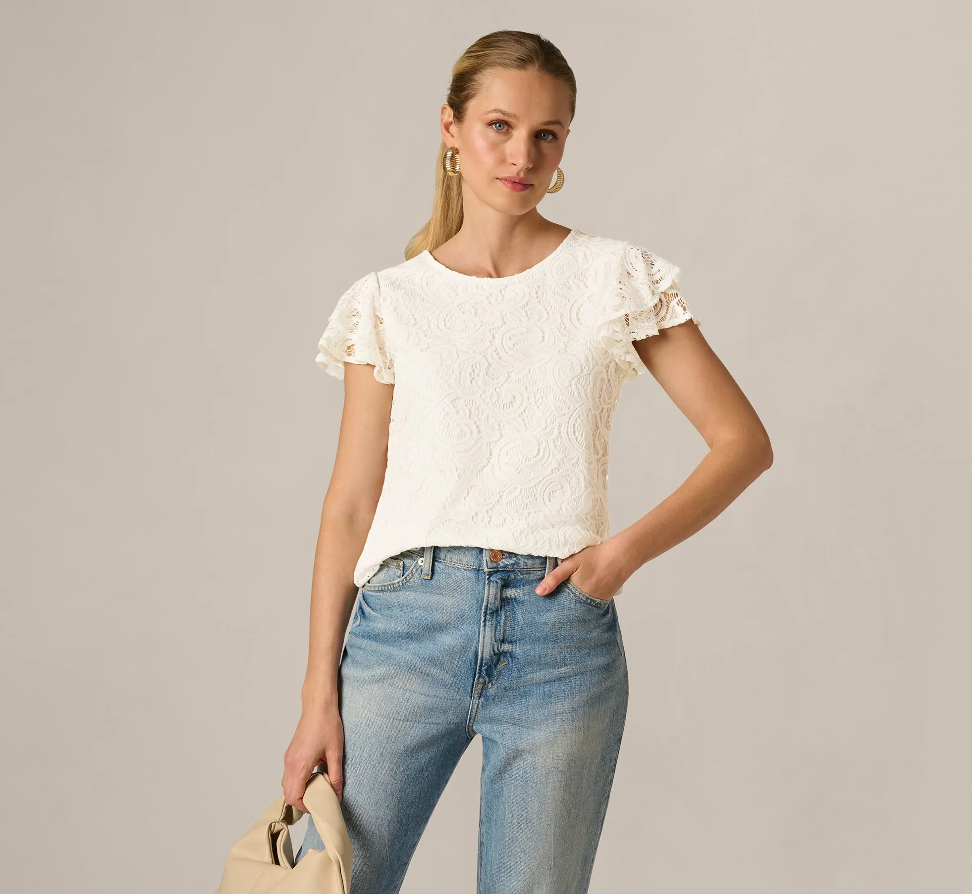 Lace Top With Ruffled Sleeves In Natural sold by Adrianna Papell