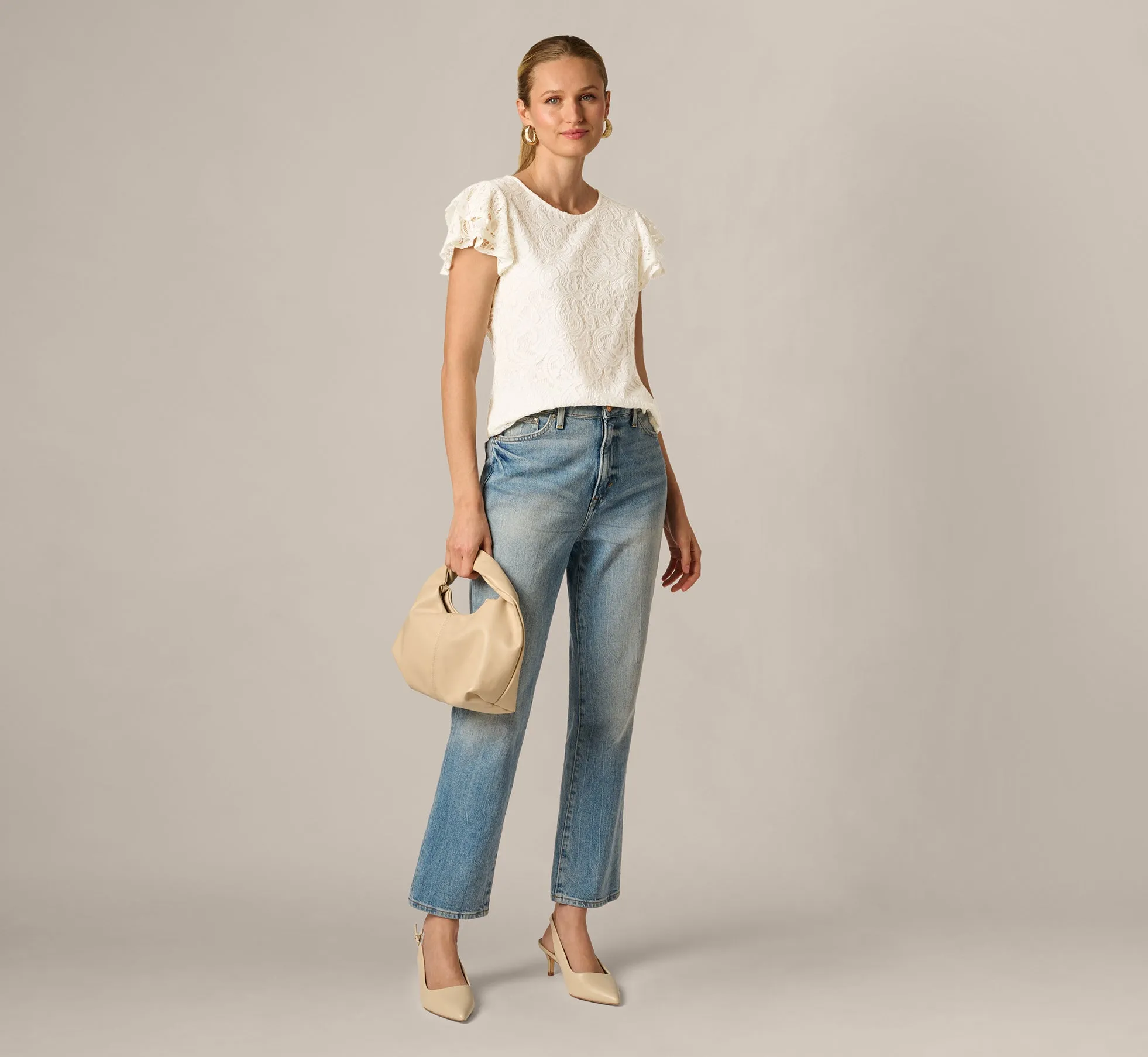 Lace Top With Ruffled Sleeves In Natural sold by Adrianna Papell product image thumbnail 2