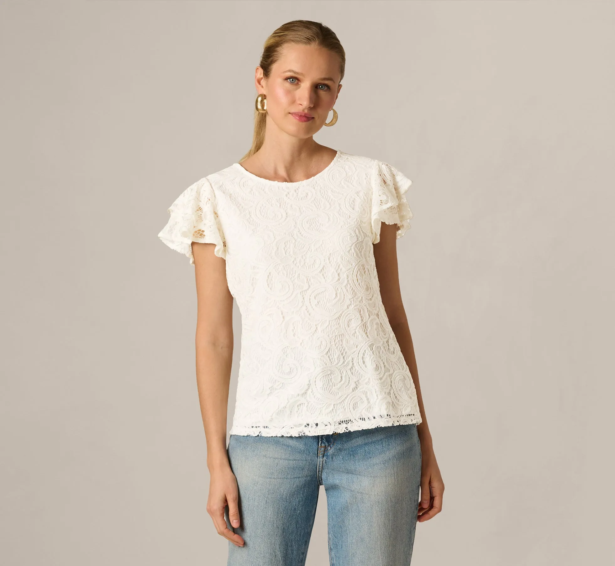 Lace Top With Ruffled Sleeves In Natural sold by Adrianna Papell product image thumbnail 3