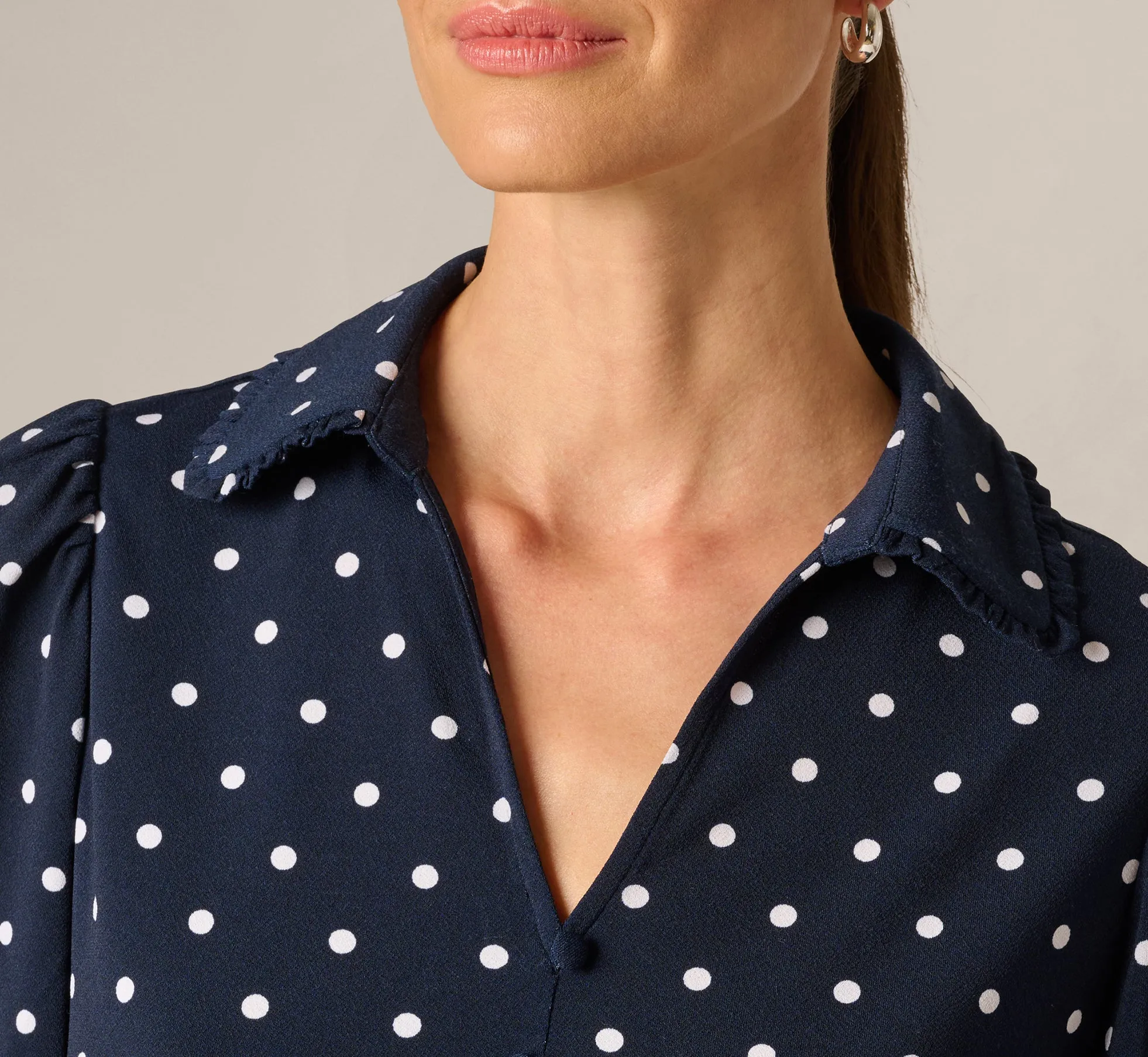 Puff Sleeve Ruffle Collared Top In Navy Ivory Timeless Dot sold by Adrianna Papell product image thumbnail 4