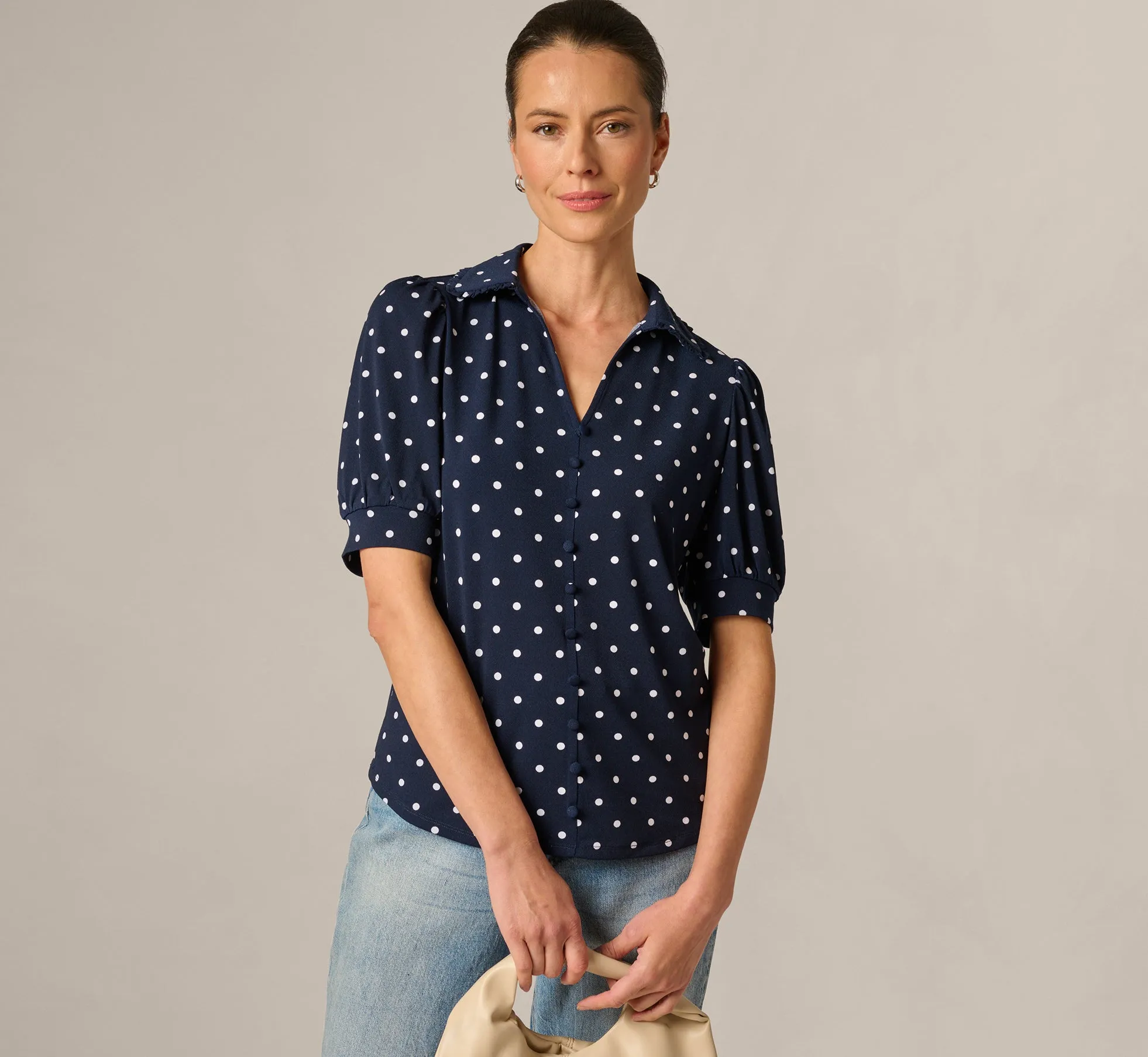 Puff Sleeve Ruffle Collared Top In Navy Ivory Timeless Dot sold by Adrianna Papell