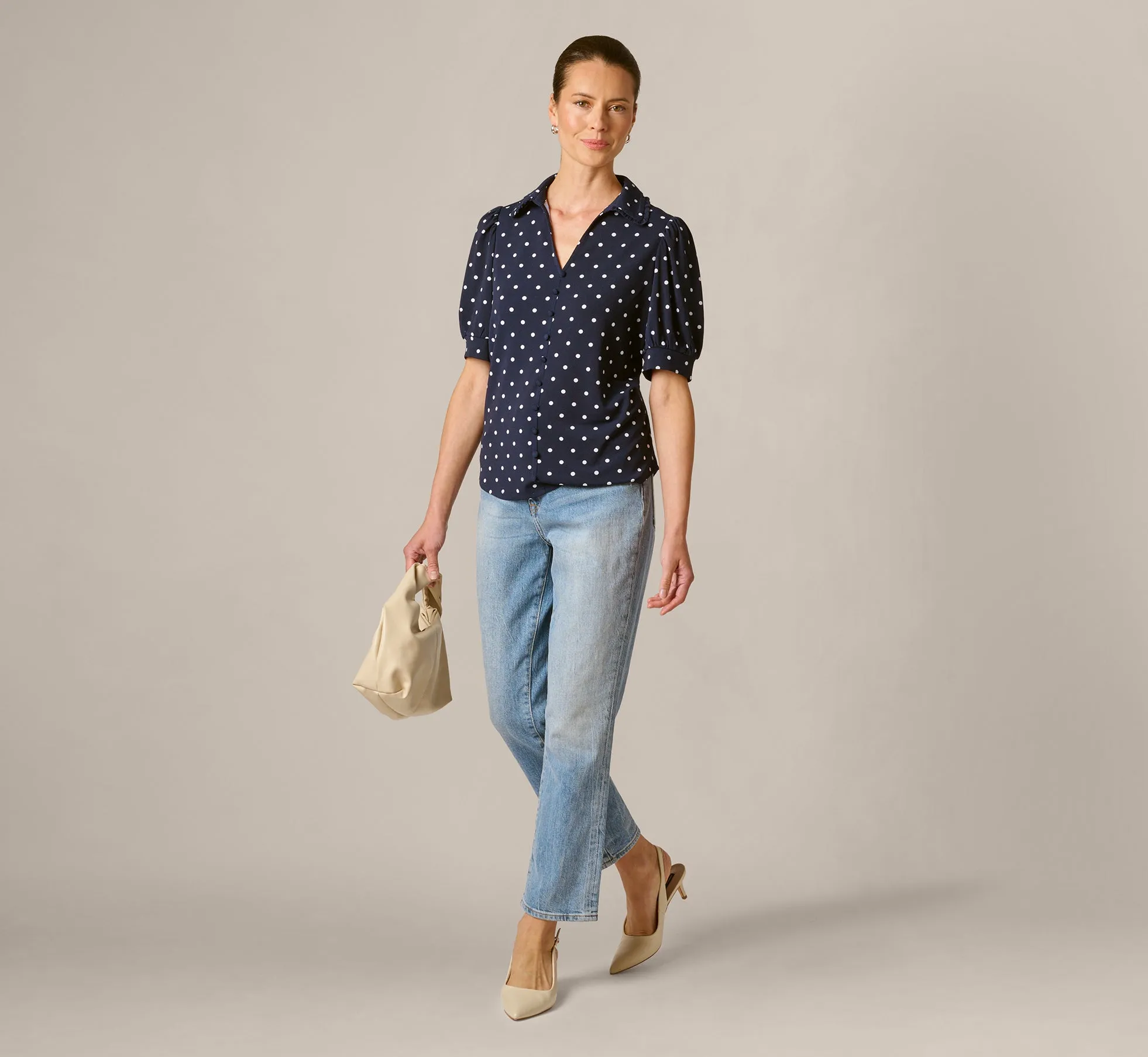 Puff Sleeve Ruffle Collared Top In Navy Ivory Timeless Dot sold by Adrianna Papell product image thumbnail 2