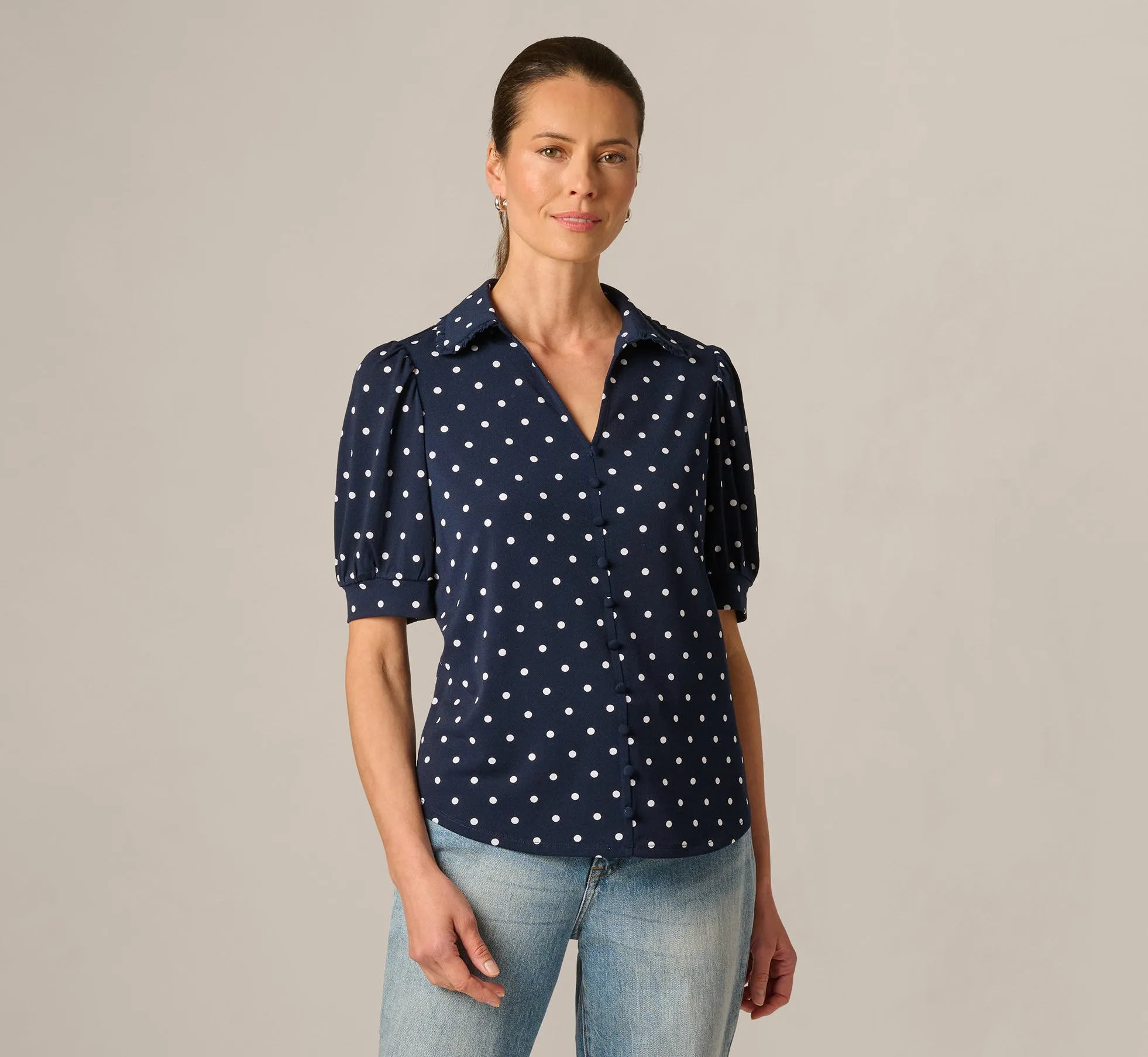 Puff Sleeve Ruffle Collared Top In Navy Ivory Timeless Dot sold by Adrianna Papell product image thumbnail 3