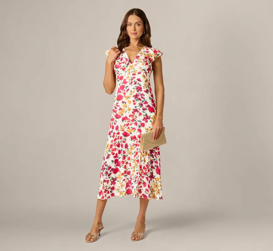 Flounce Collar Floral Print Midi Dress In Ivory Multi sold by Adrianna Papell